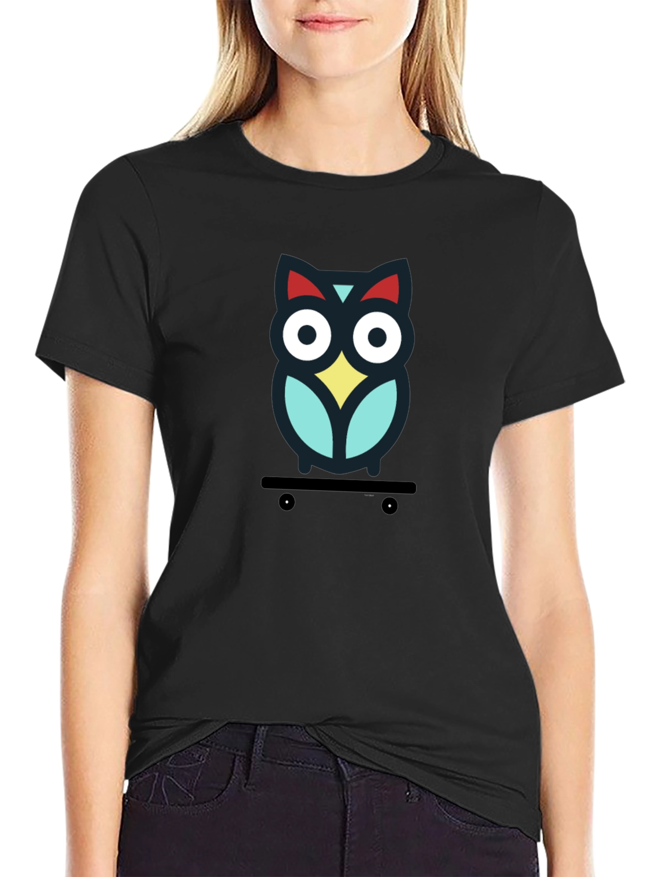 Skateboarding Owl Graphic Tee - Black Cotton T-Shirt