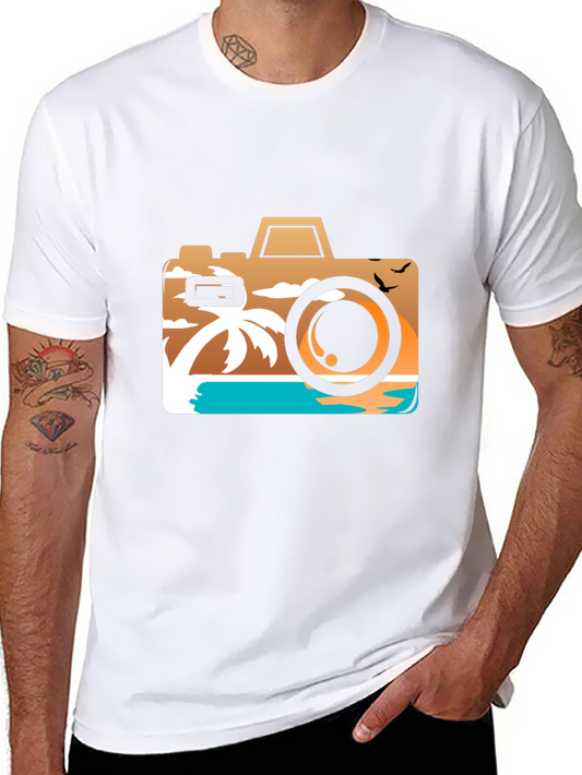Tropical Camera Graphic Tee - Black Cotton T-Shirt