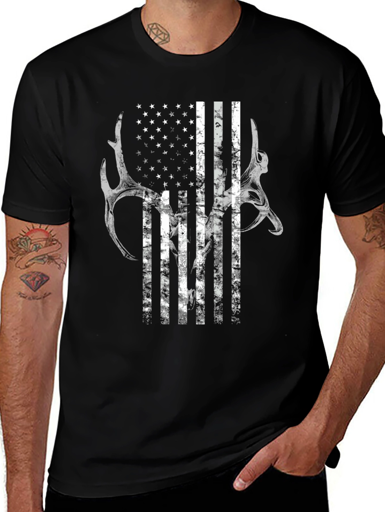 American Flag Deer Antler Graphic T-Shirt