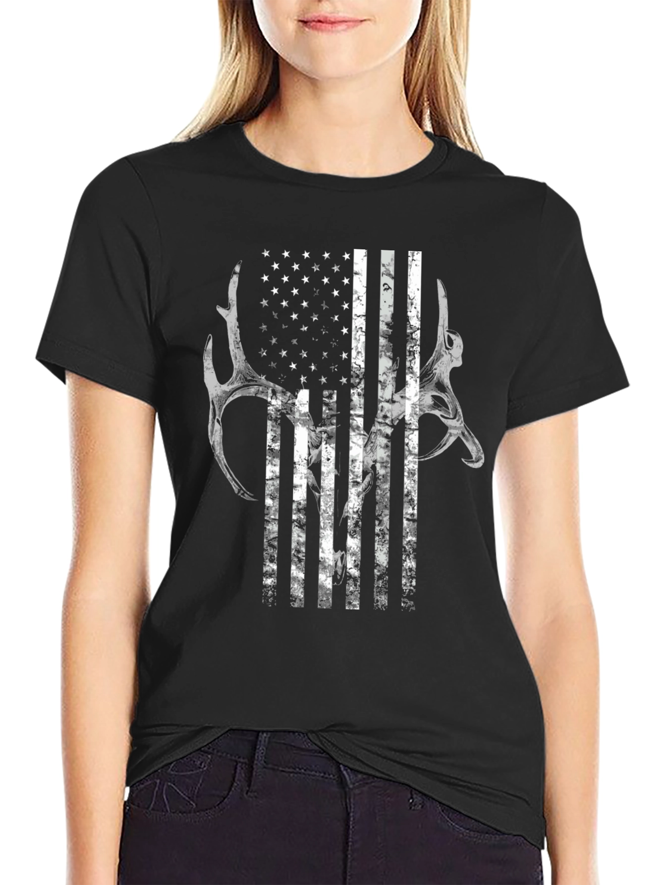 American Flag Deer Antler Graphic T-Shirt