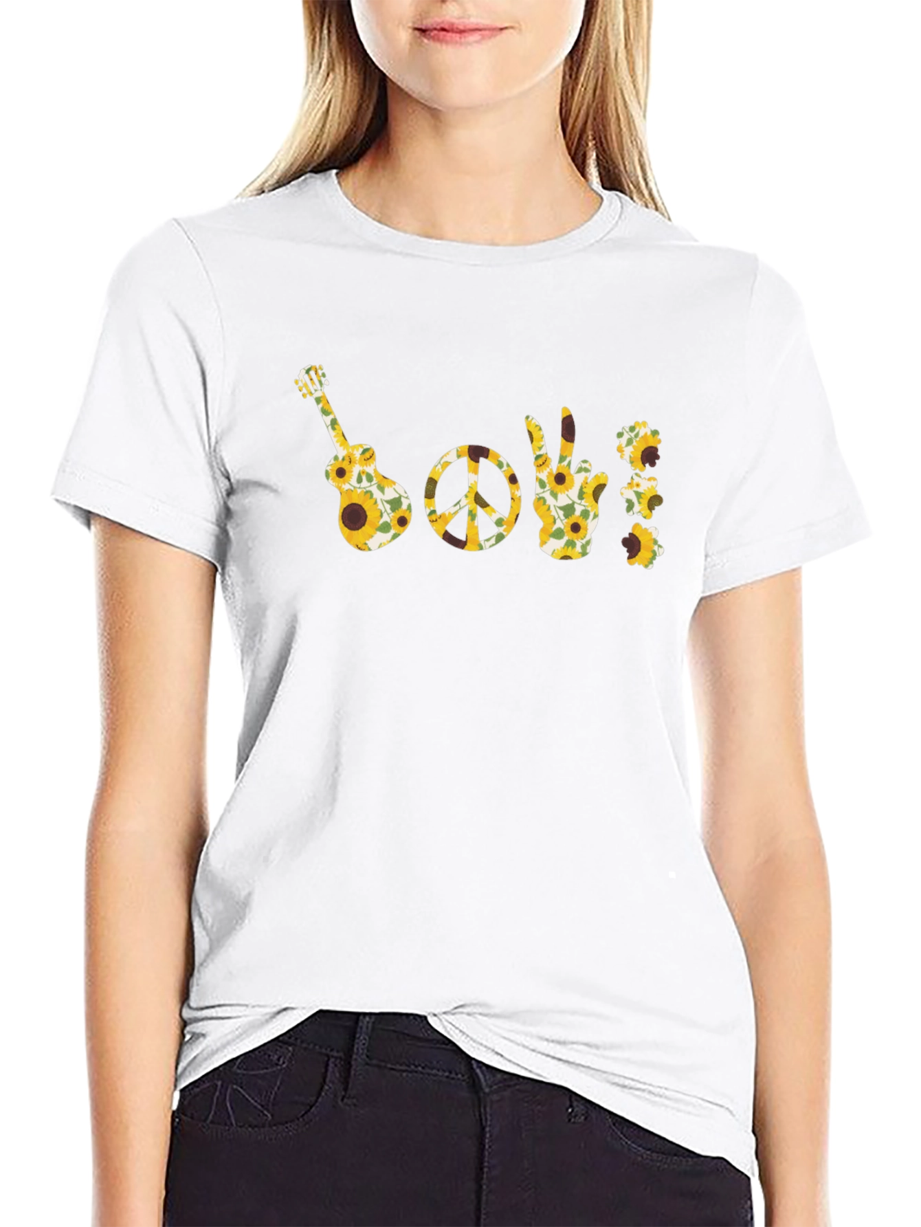 Sunflower Guitar Peace Sign T-Shirt - Black