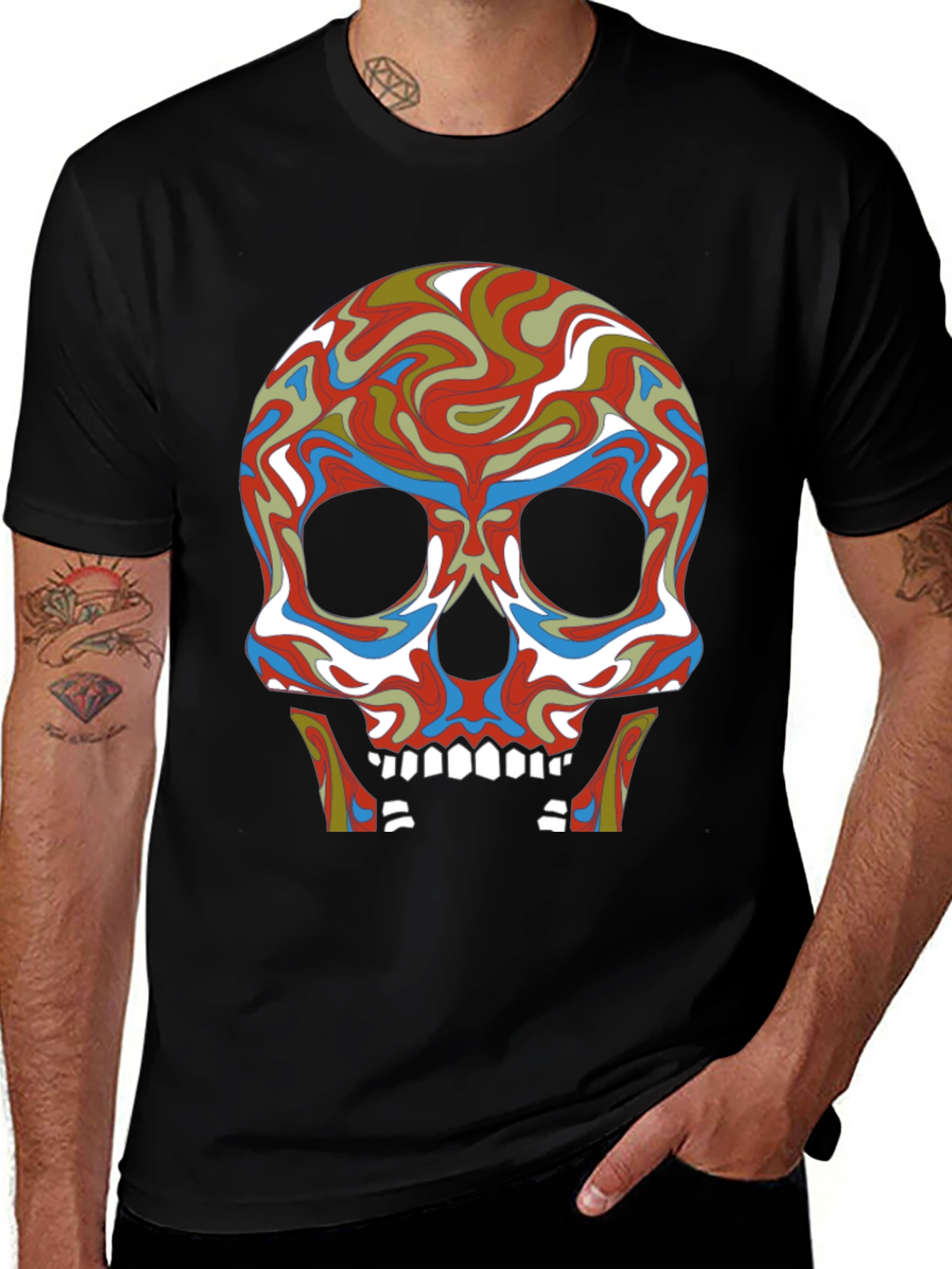 Psychedelic Skull Graphic Tee - Black Cotton T-Shirt