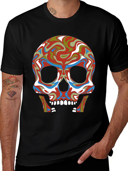 Psychedelic Skull Graphic Tee - Black Cotton T-Shirt