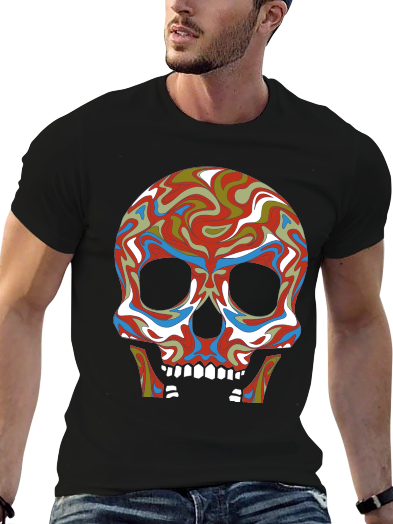 Psychedelic Skull Graphic Tee - Black Cotton T-Shirt