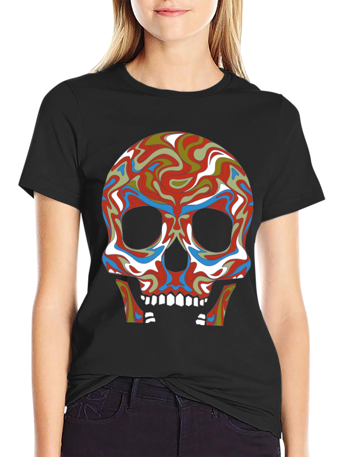 Psychedelic Skull Graphic Tee - Black Cotton T-Shirt