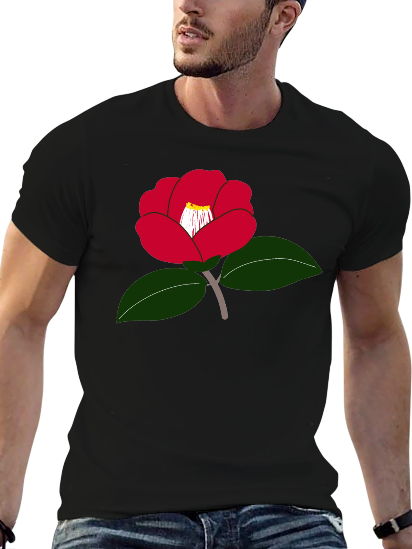Red Camellia Flower Graphic T-Shirt - Casual Wear