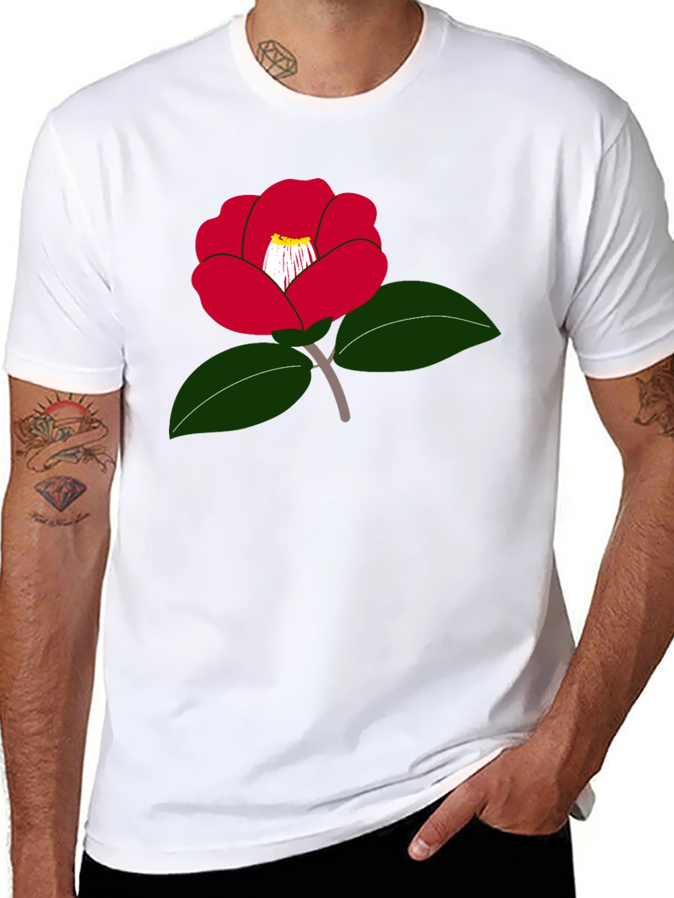 Red Camellia Flower Graphic T-Shirt - Casual Wear