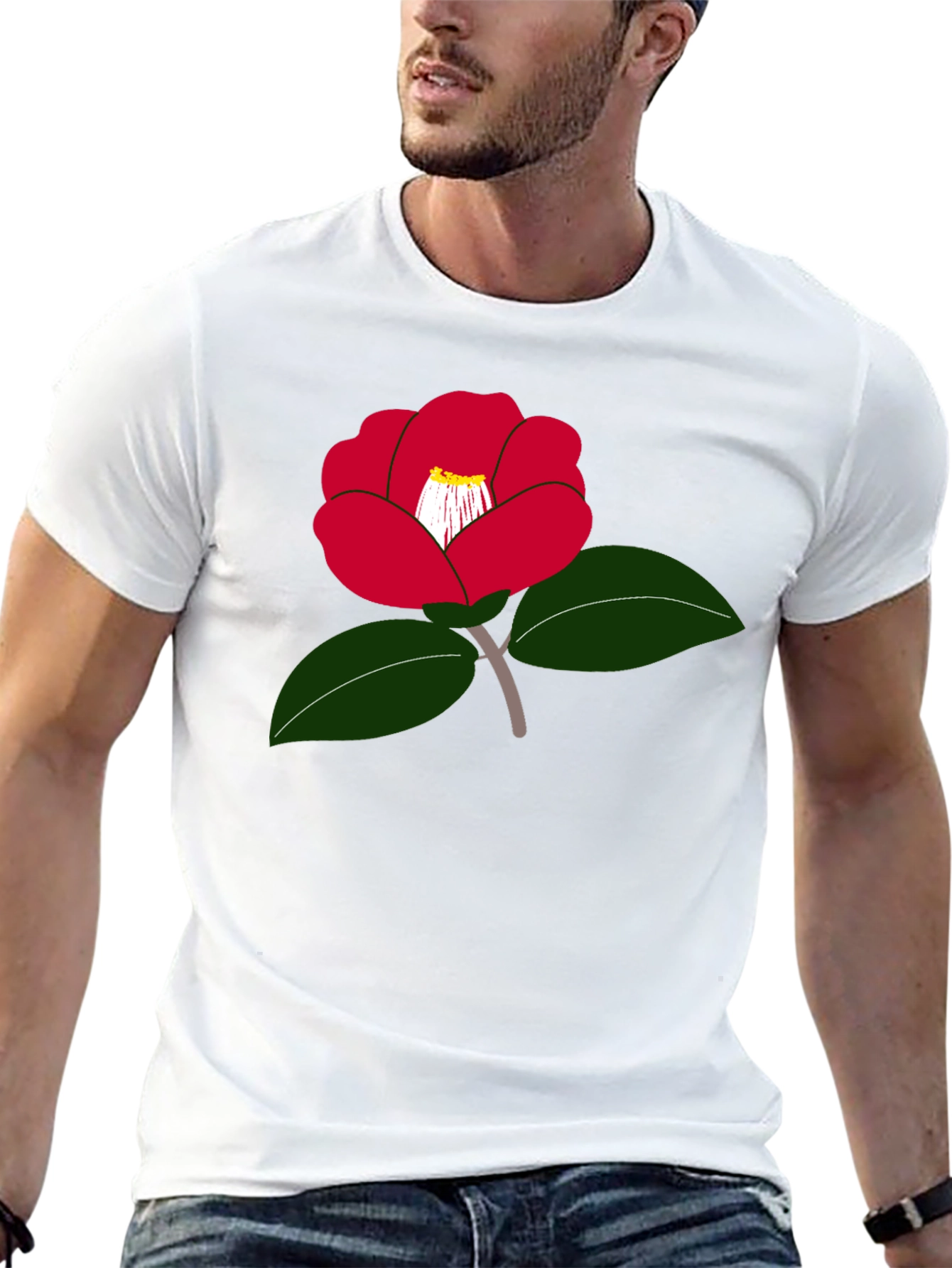 Red Camellia Flower Graphic T-Shirt - Casual Wear