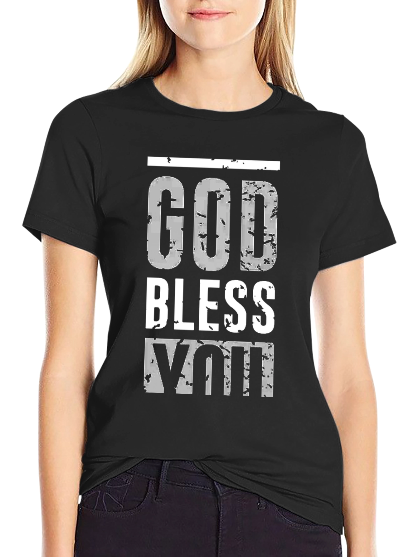 God Bless You Graphic Print Black T-Shirt