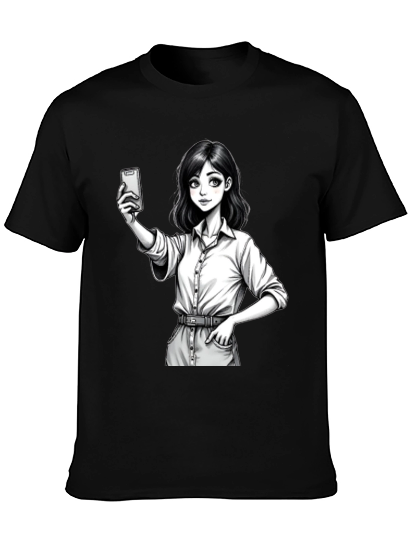 Anime Girl Selfie Black T-Shirt