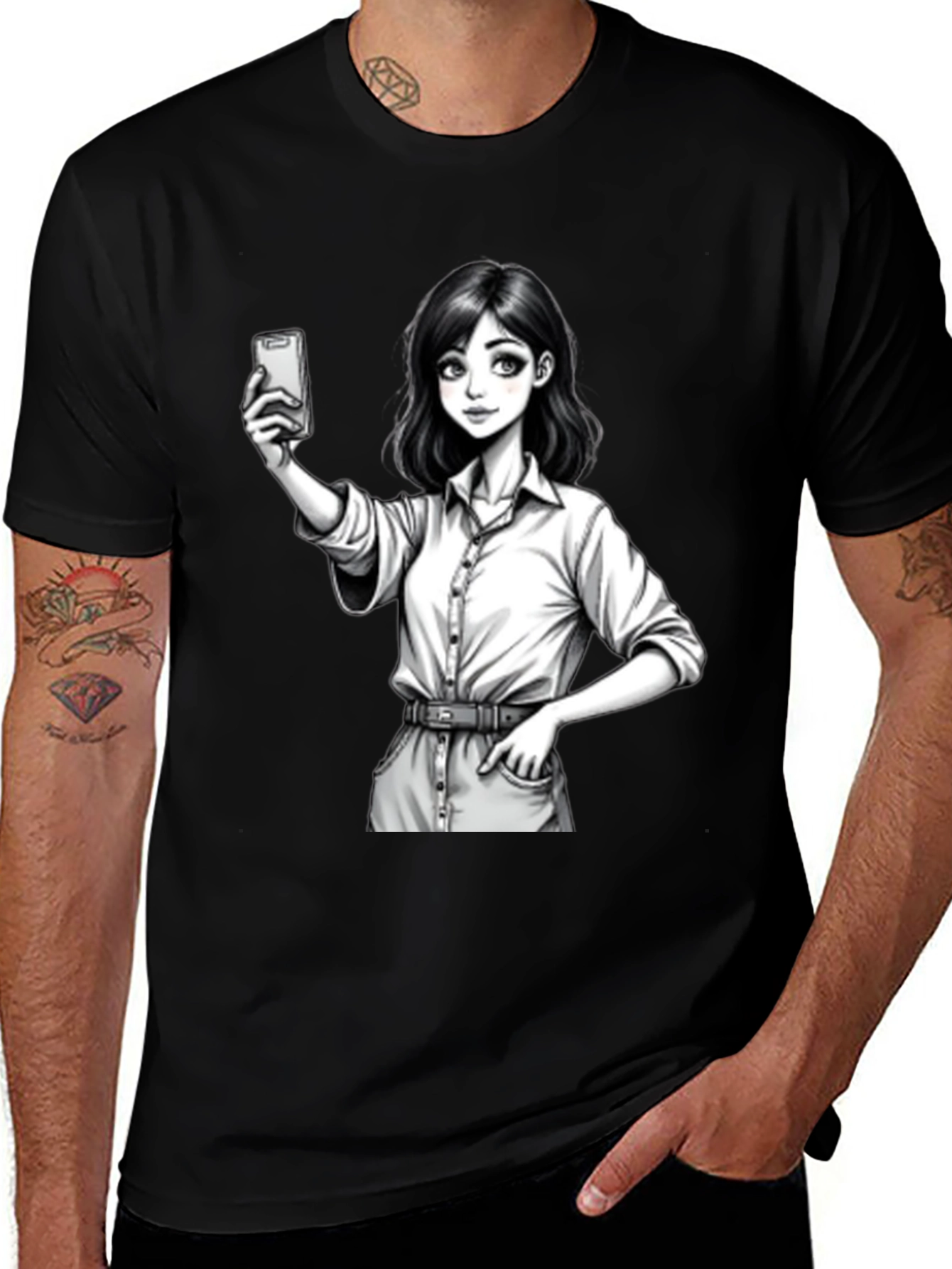 Anime Girl Selfie Black T-Shirt