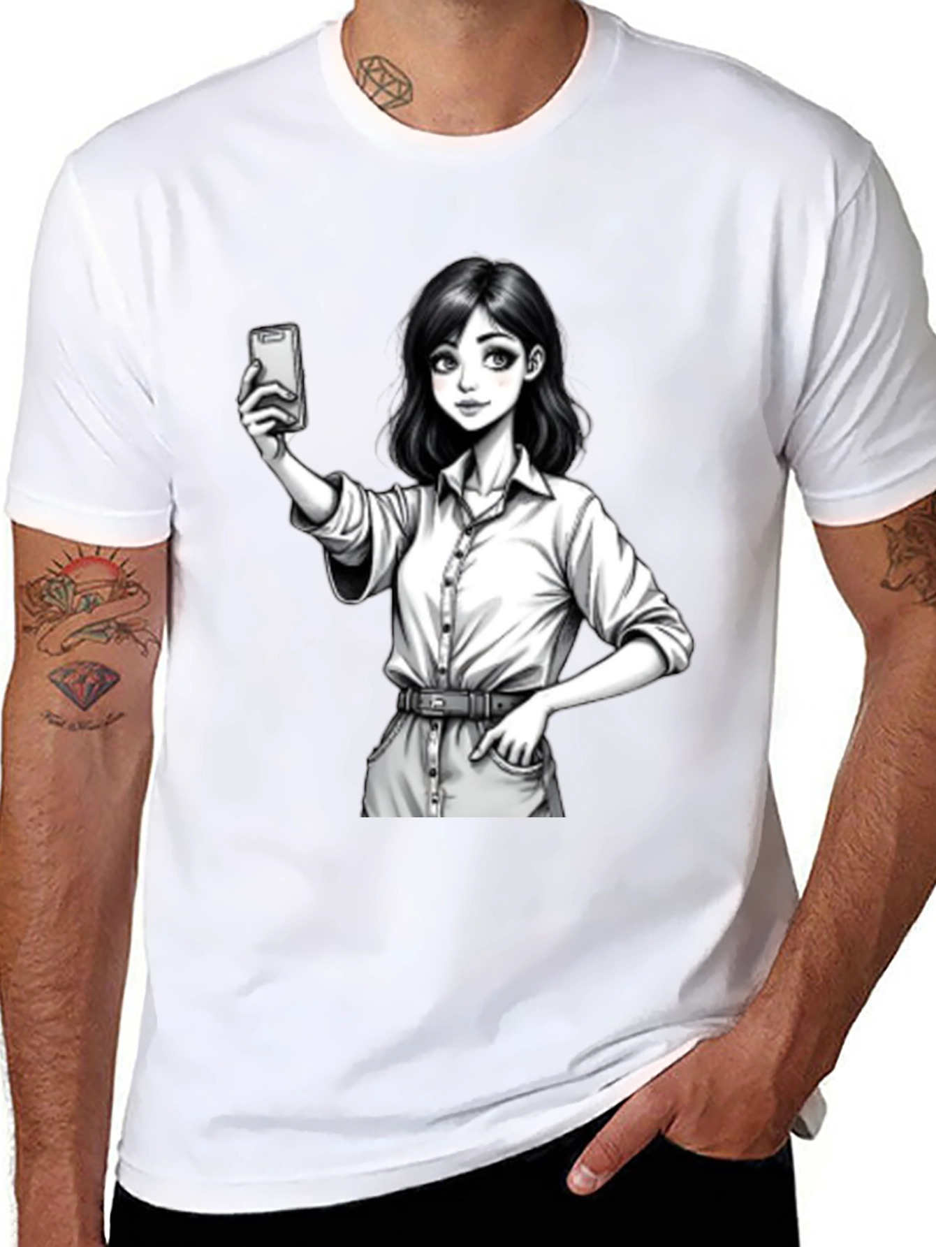 Anime Girl Selfie Black T-Shirt