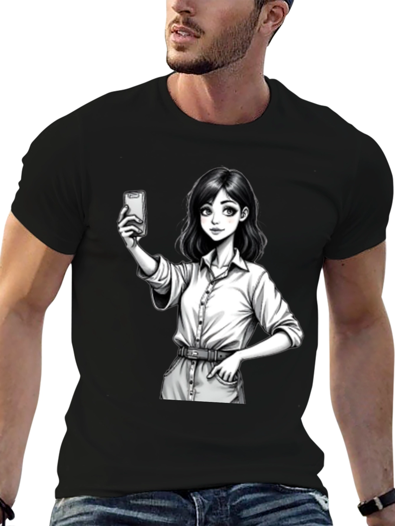 Anime Girl Selfie Black T-Shirt