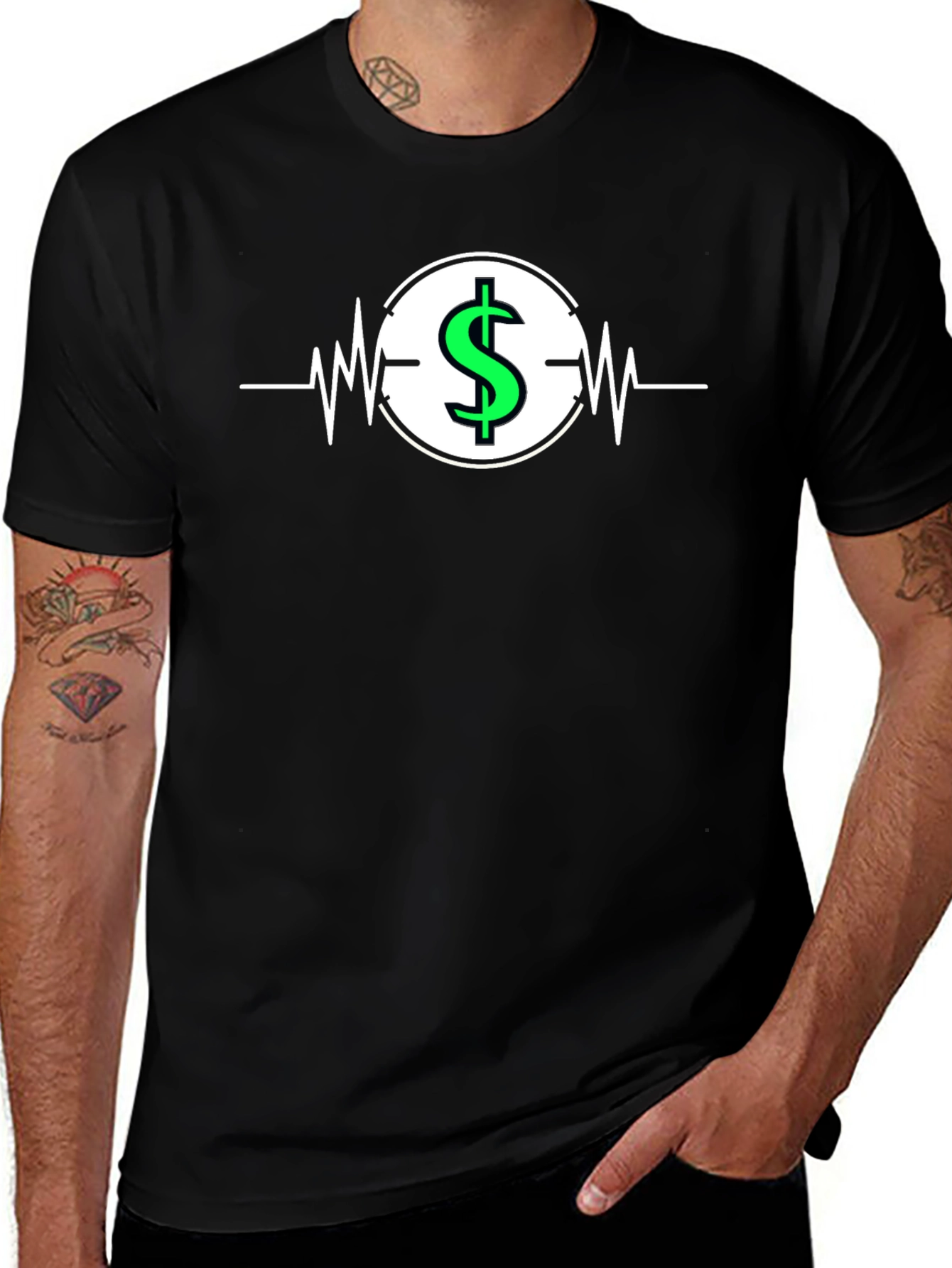 Dollar Sign Heartbeat Graphic T-Shirt - Black