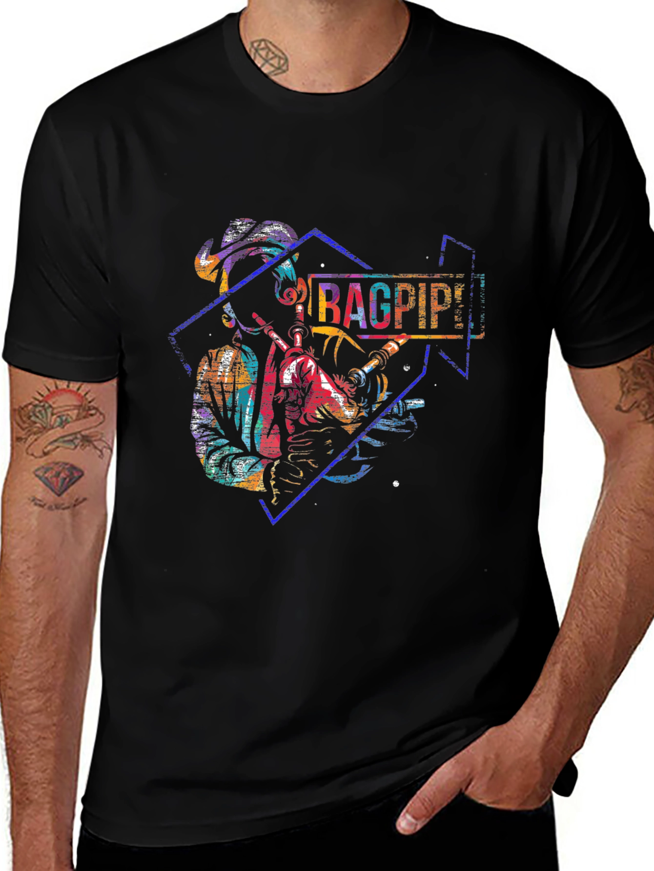 Bagpipes Graphic Print Black T-Shirt
