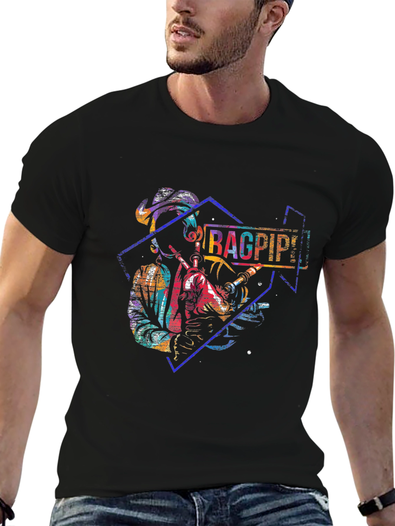 Bagpipes Graphic Print Black T-Shirt