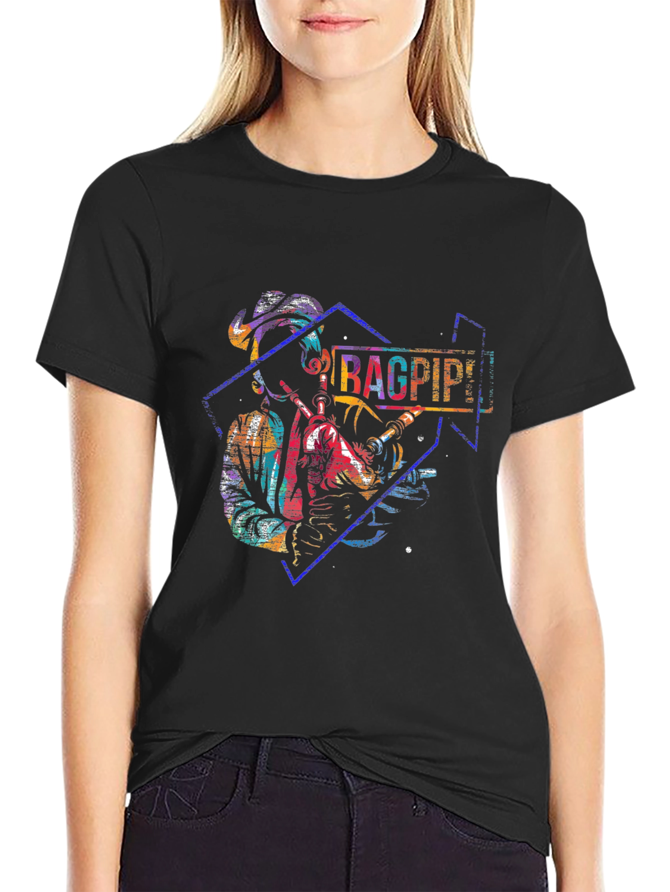 Bagpipes Graphic Print Black T-Shirt
