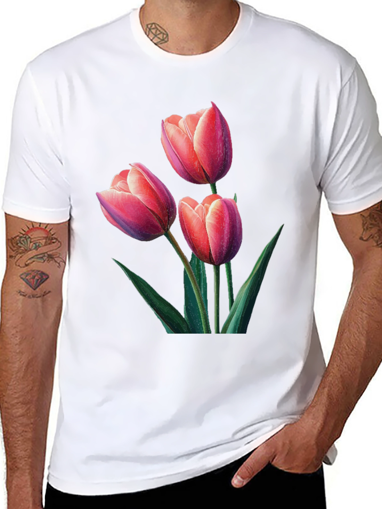 Floral Tulip Print Black T-Shirt