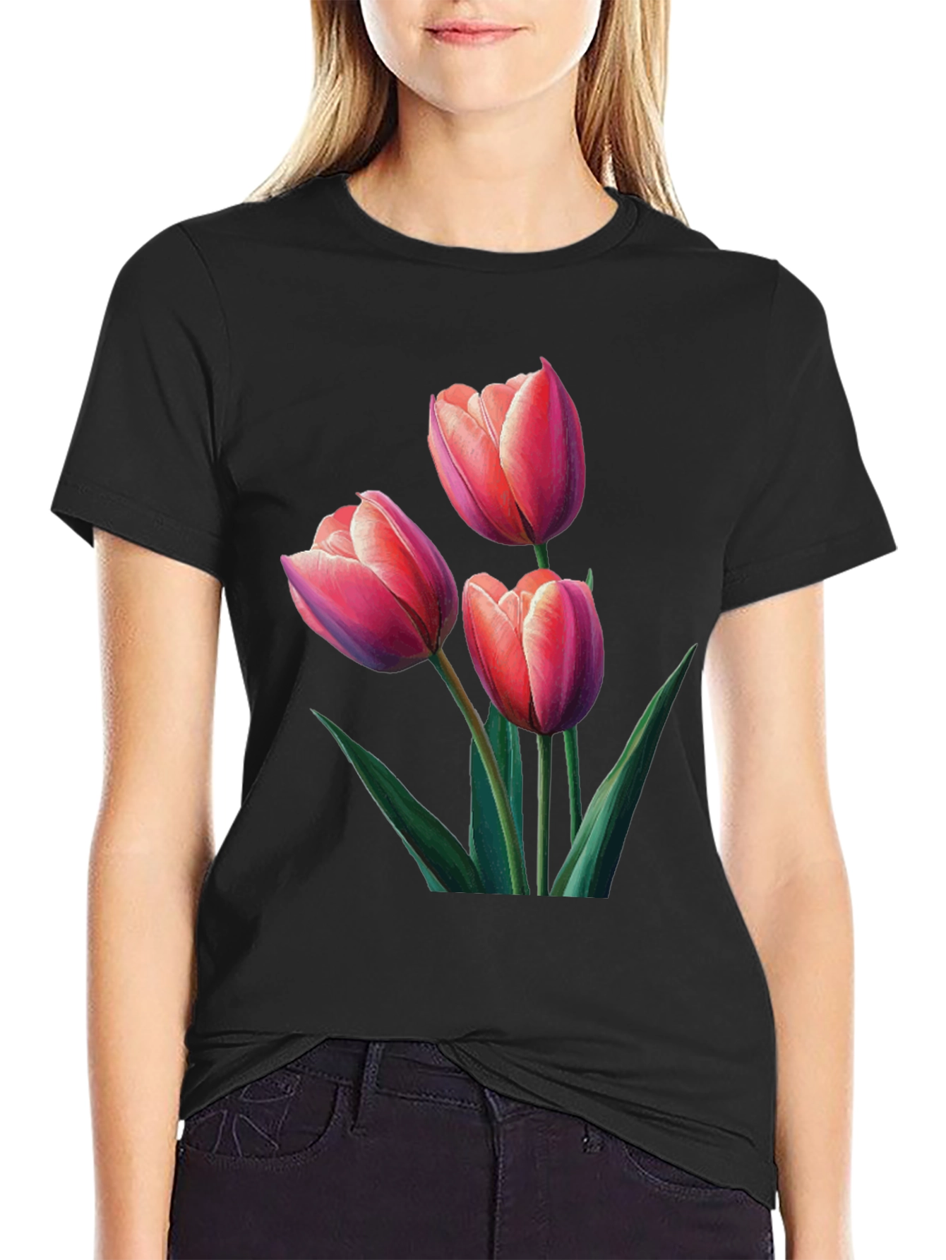 Floral Tulip Print Black T-Shirt