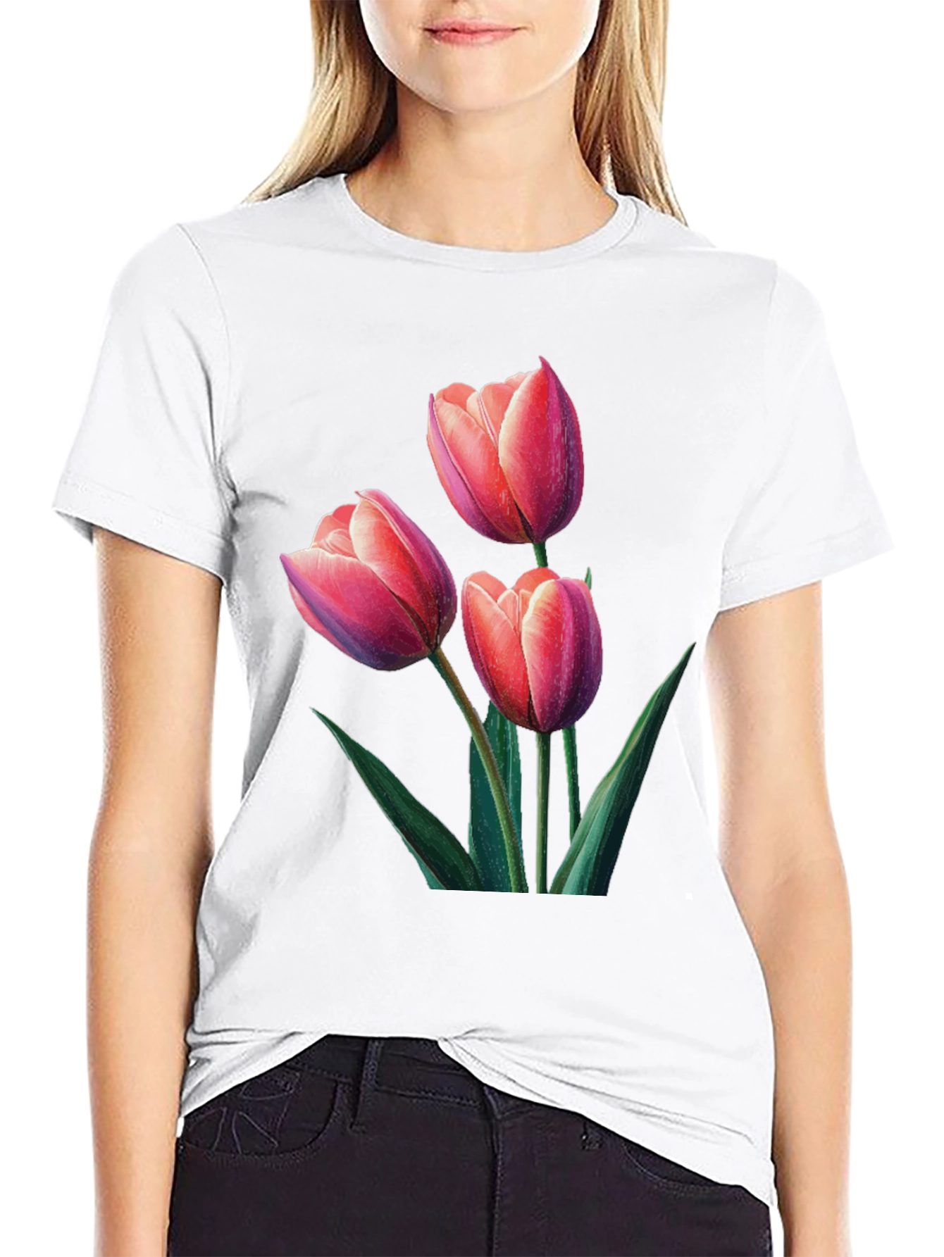 Floral Tulip Print Black T-Shirt