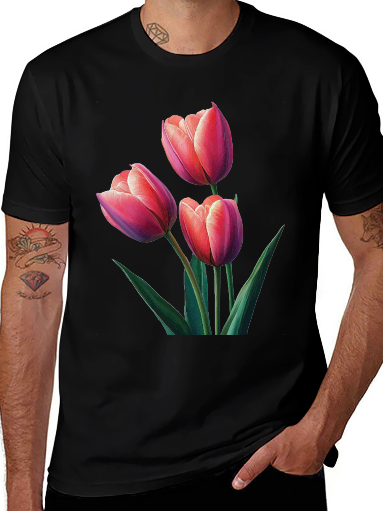 Floral Tulip Print Black T-Shirt