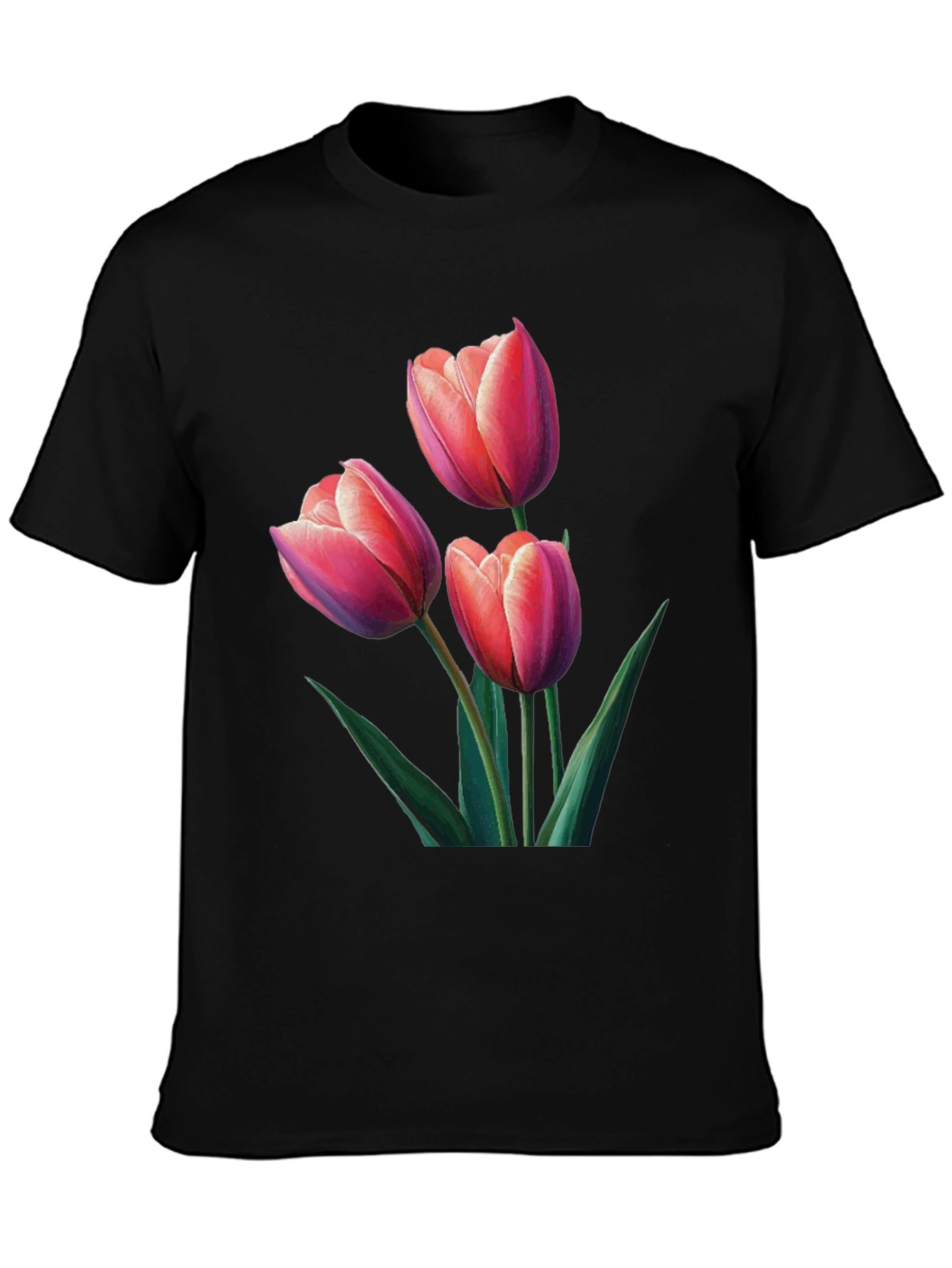 Floral Tulip Print Black T-Shirt