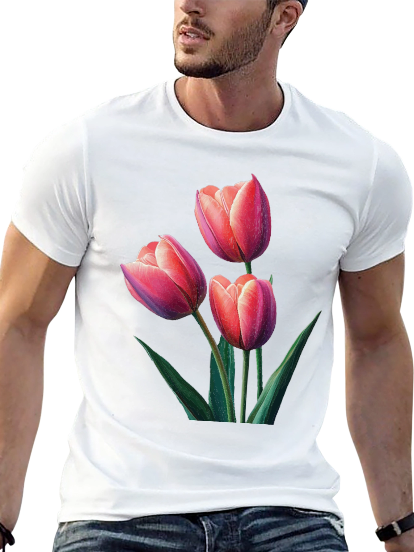 Floral Tulip Print Black T-Shirt