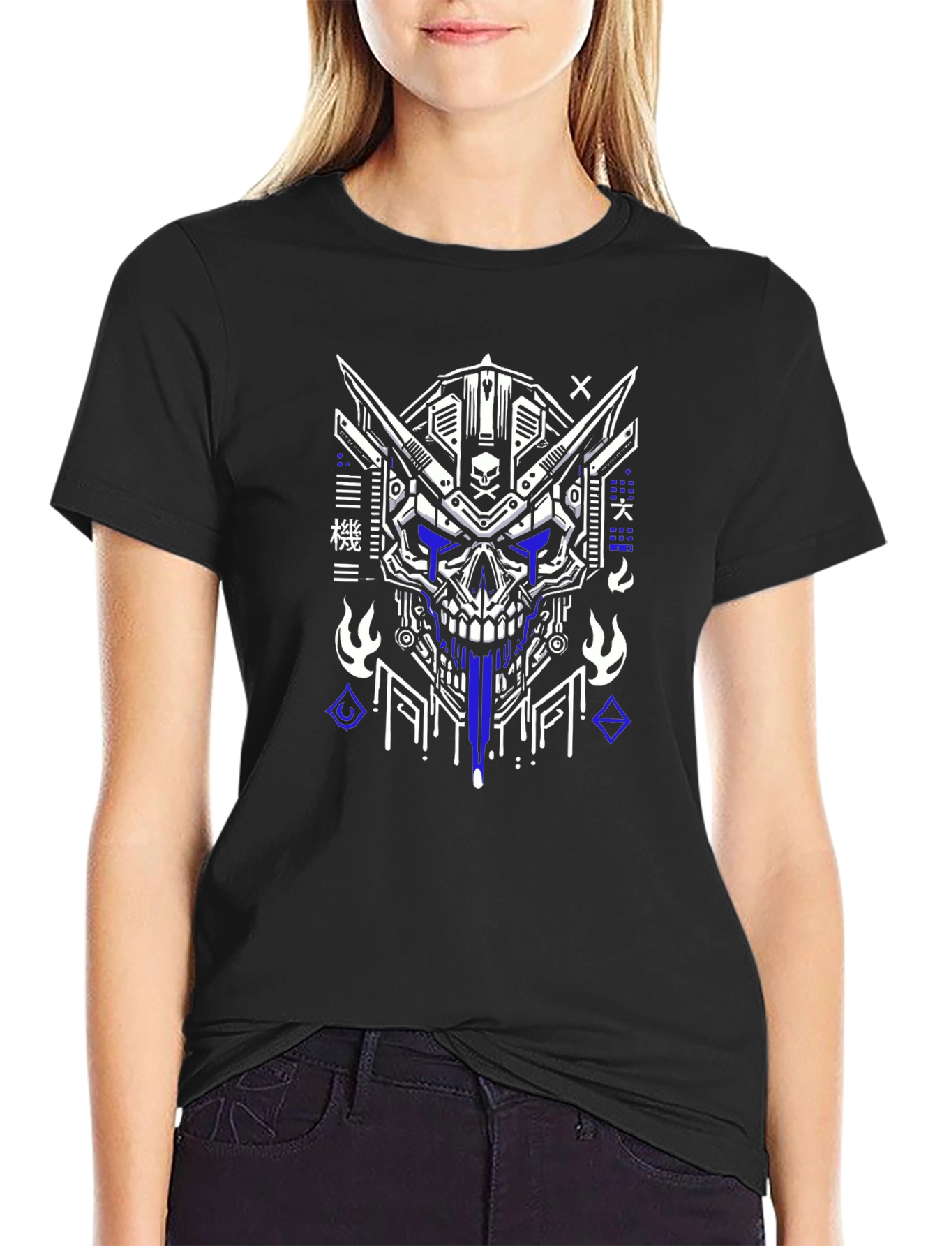 Cyberpunk Skull Graphic Tee - Black Cotton T-Shirt