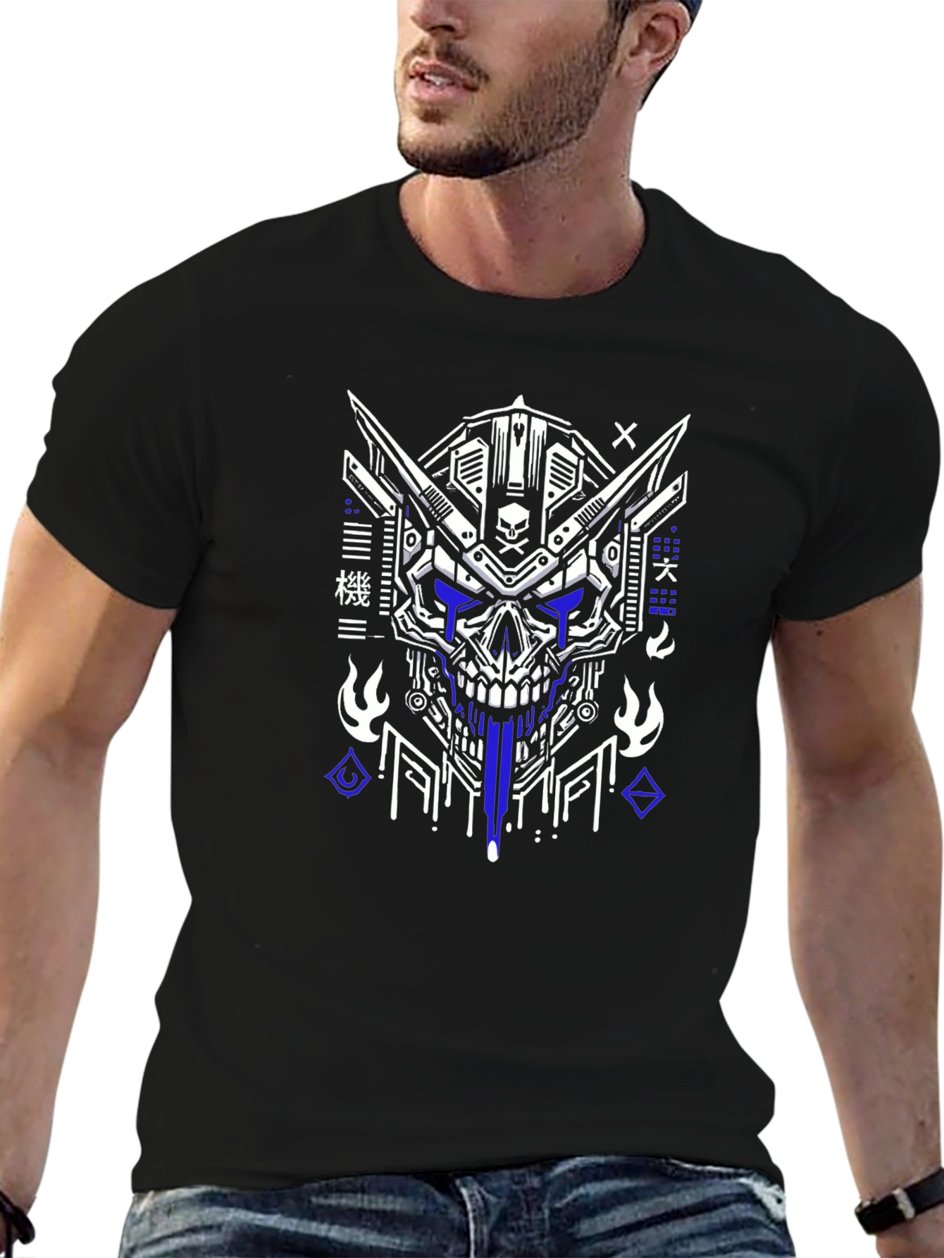 Cyberpunk Skull Graphic Tee - Black Cotton T-Shirt