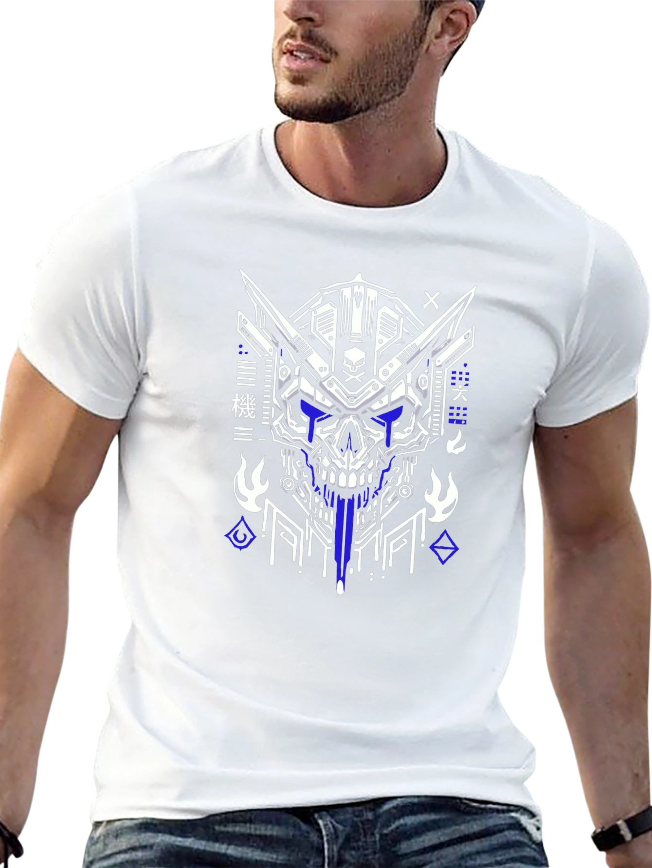 Cyberpunk Skull Graphic Tee - Black Cotton T-Shirt