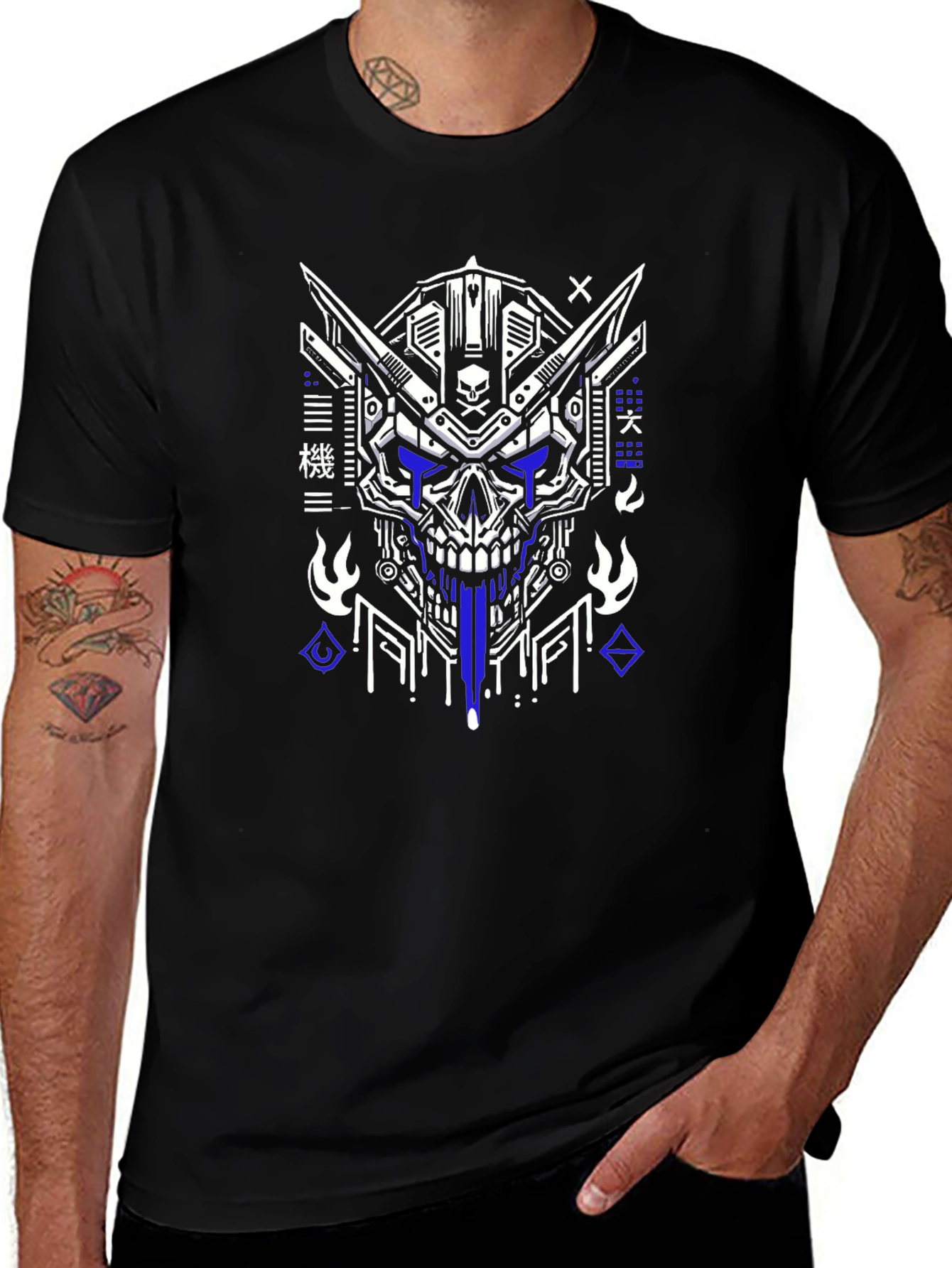 Cyberpunk Skull Graphic Tee - Black Cotton T-Shirt