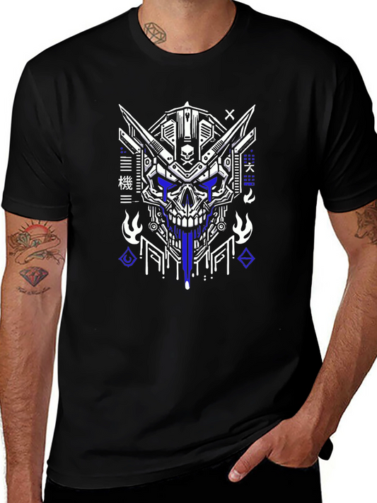 Cyberpunk Skull Graphic Tee - Black Cotton T-Shirt