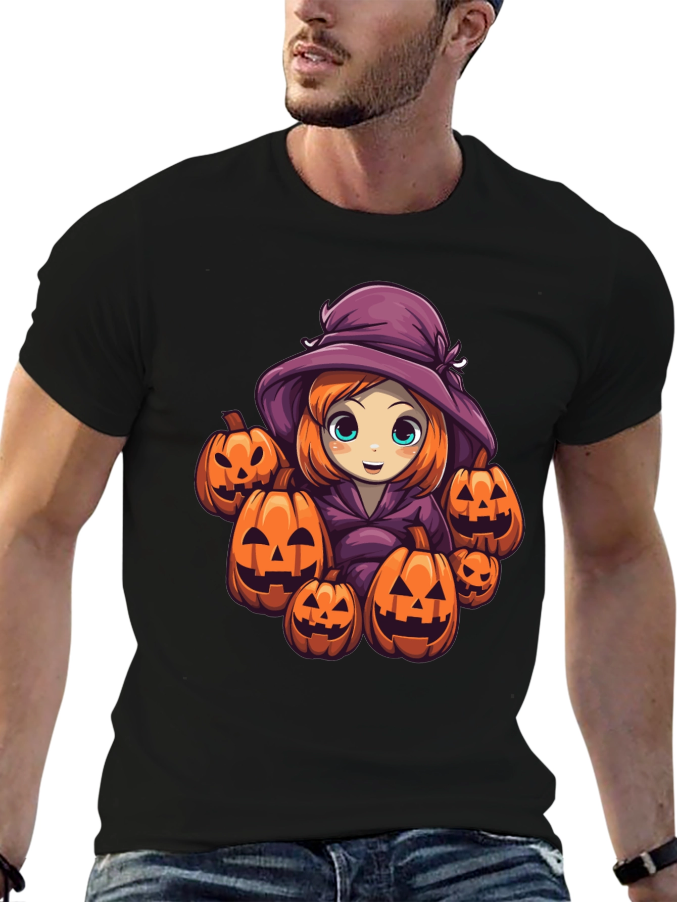 Halloween Witch & Pumpkins Black T-Shirt