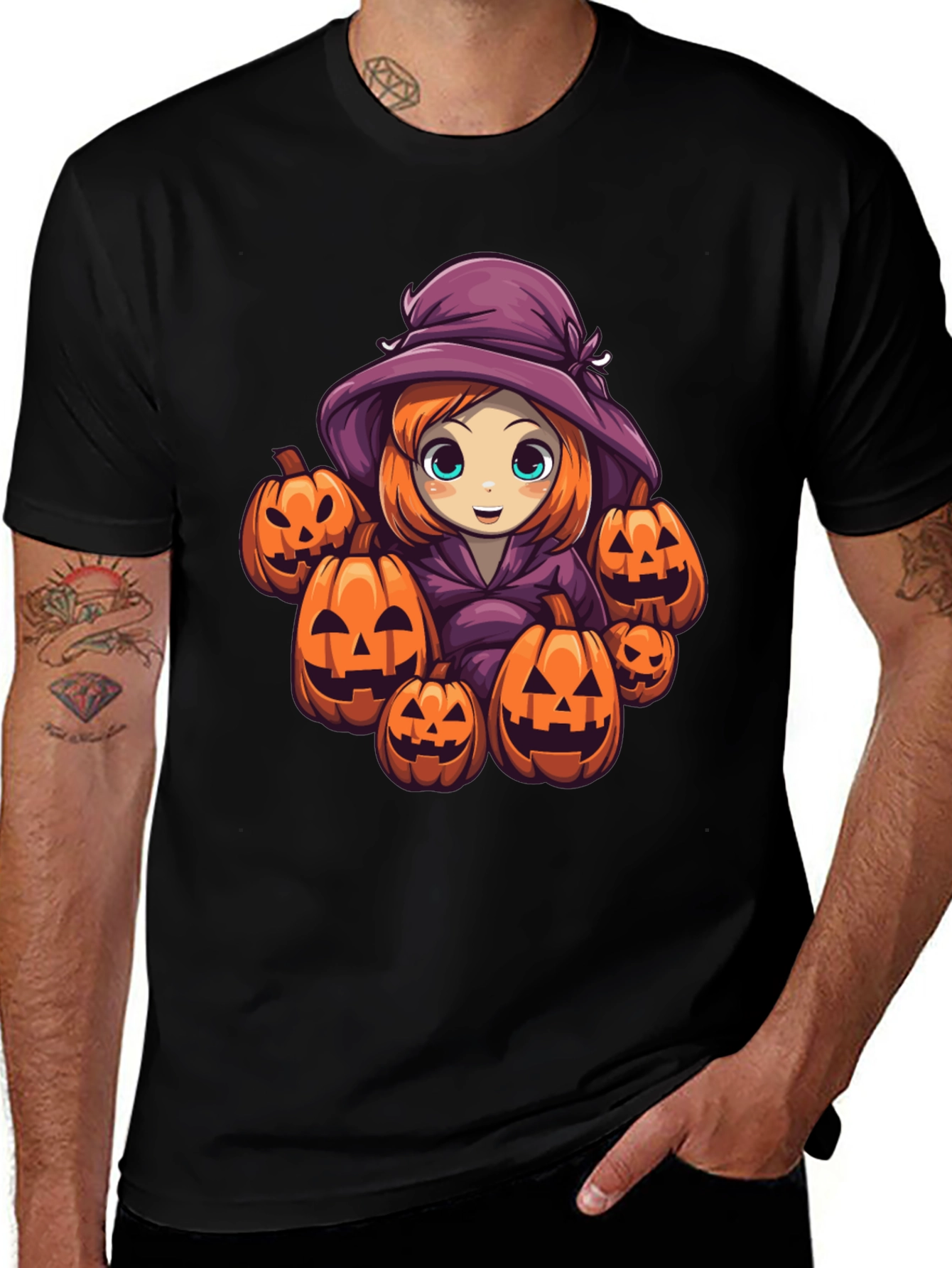 Halloween Witch & Pumpkins Black T-Shirt