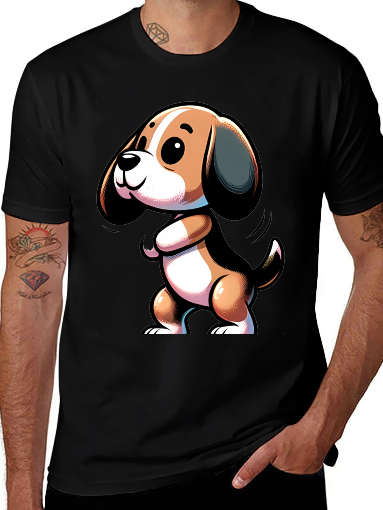 Cute Cartoon Beagle Dog Black T-Shirt