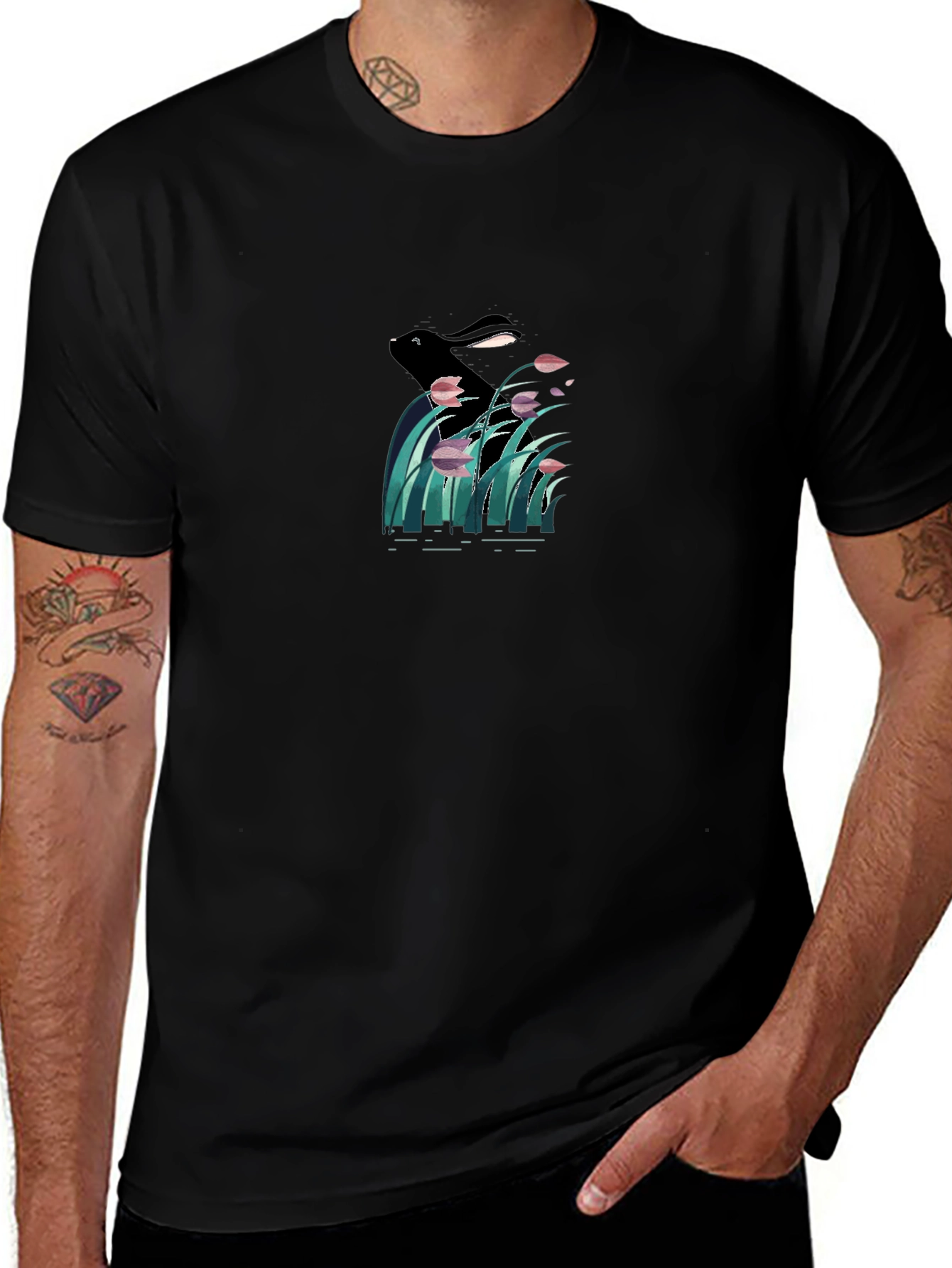 Black Graphic T-Shirt - Rabbit in Reed Design