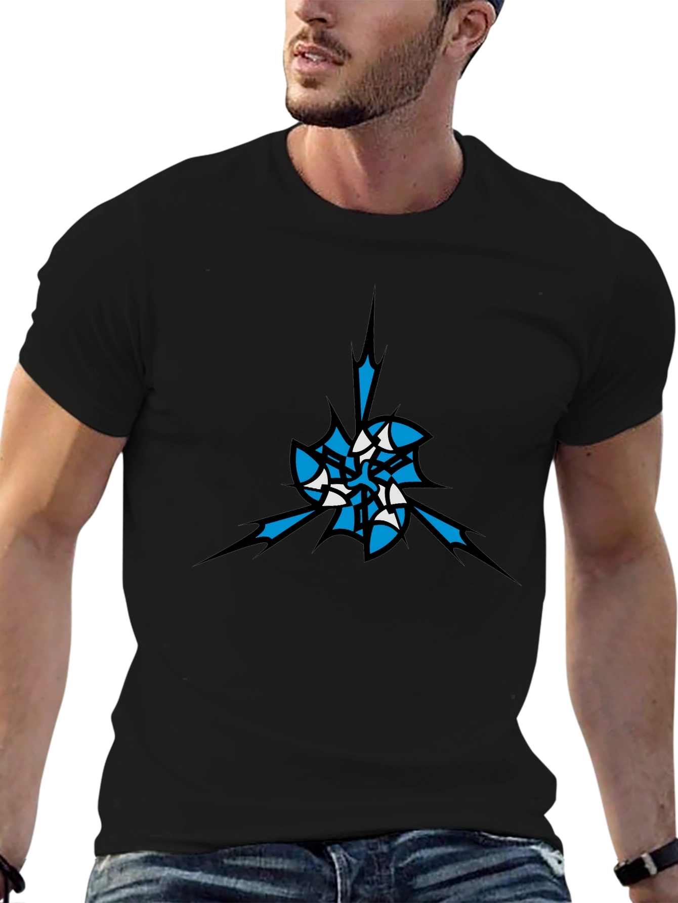 Mens Black T-Shirt with Abstract Blue & White Graphic
