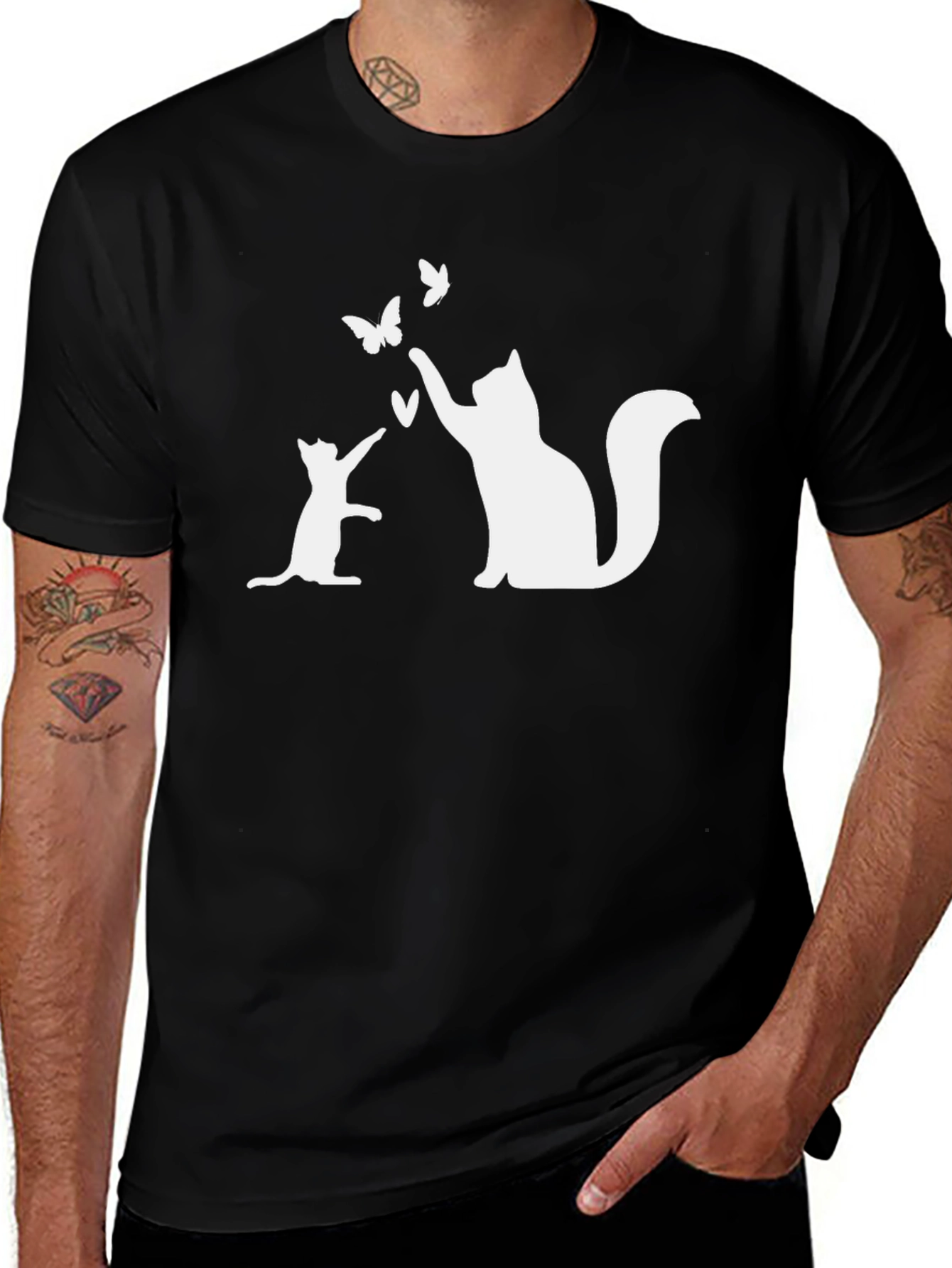 Cat & Butterfly Graphic Tee - Stylish Black T-Shirt
