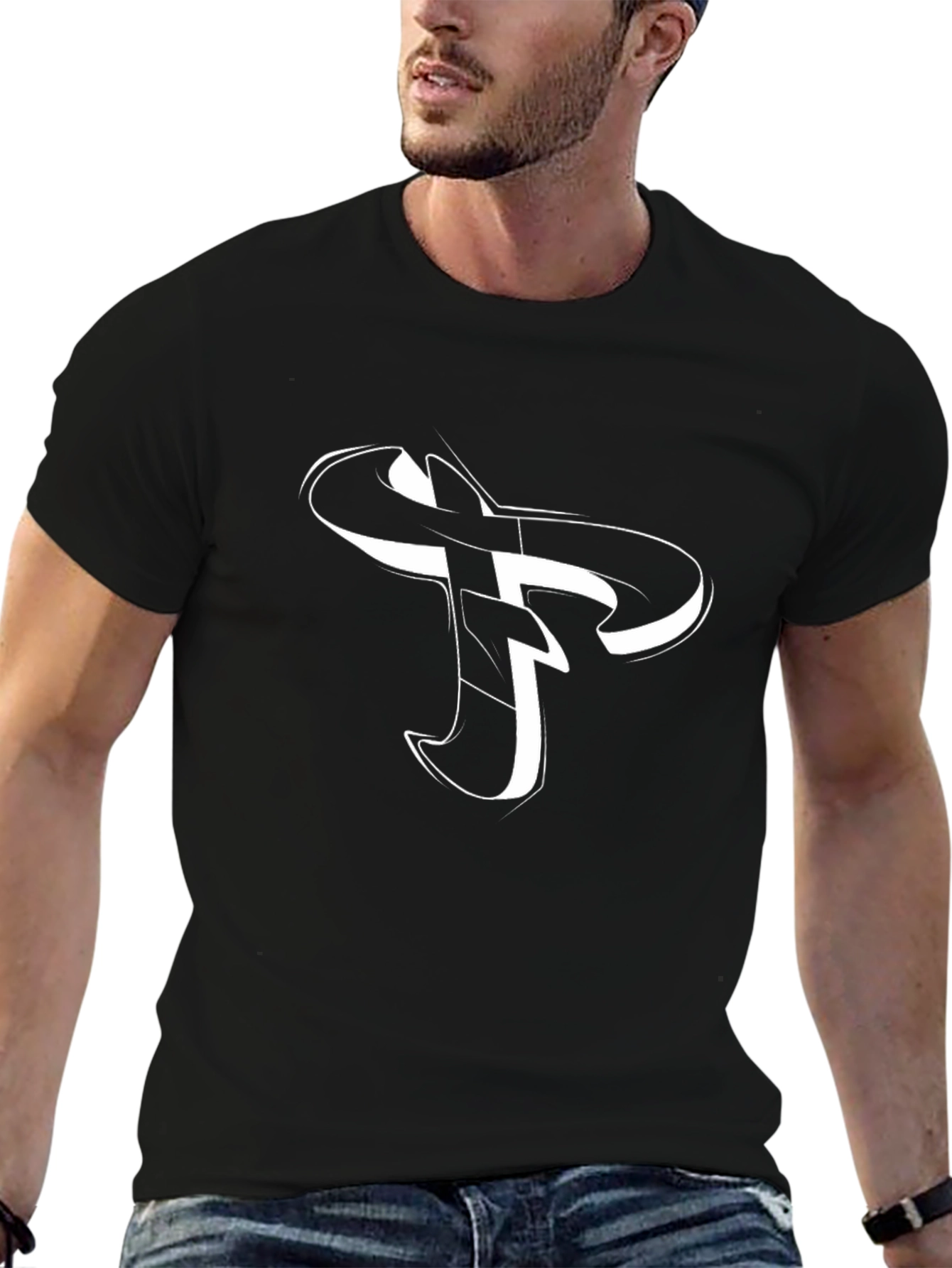Black T-Shirt with Unique Letter F Design