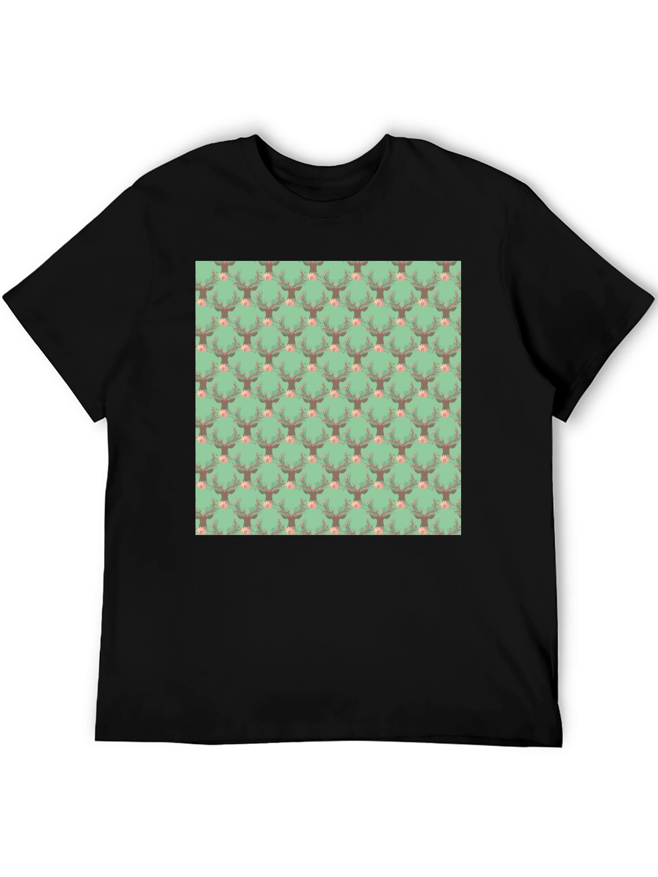 Deer Floral Pattern Black T-Shirt