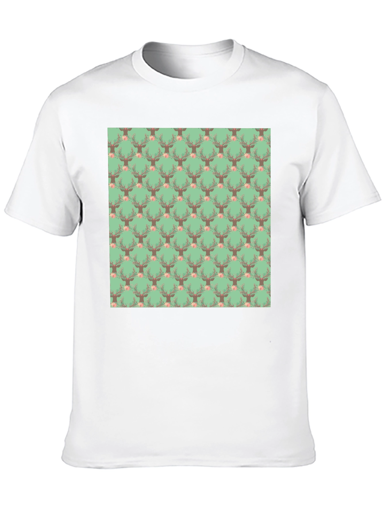 Deer Floral Pattern Black T-Shirt