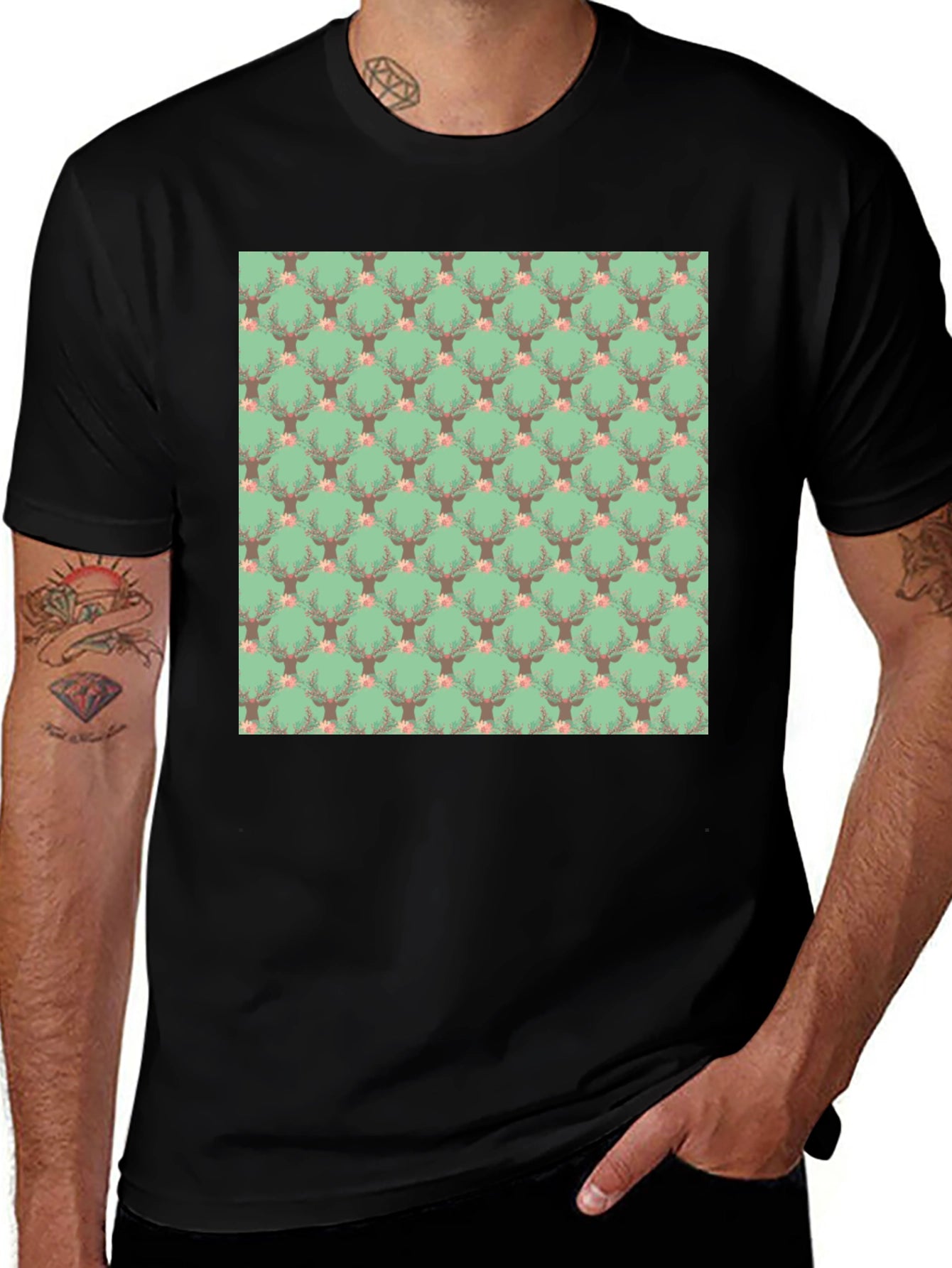 Deer Floral Pattern Black T-Shirt