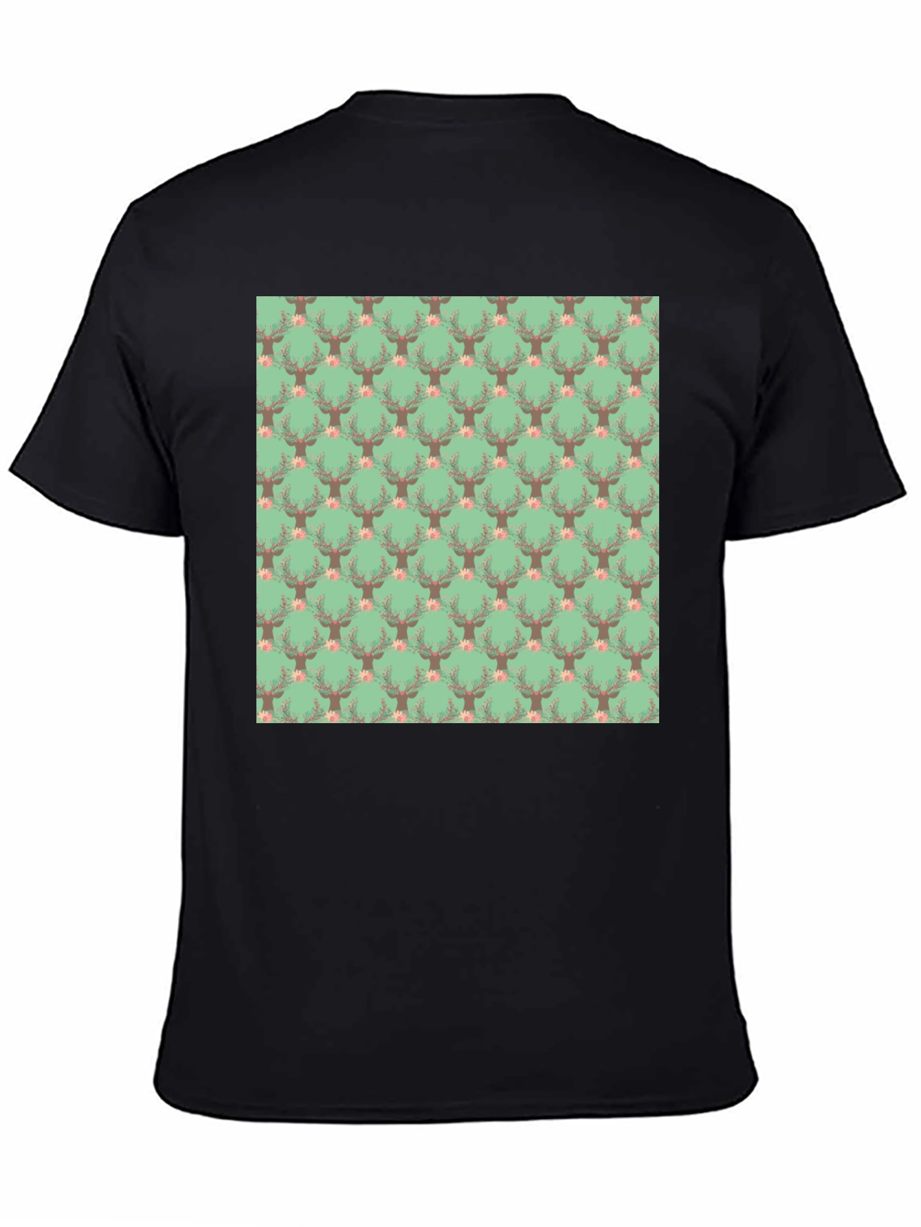 Deer Floral Pattern Black T-Shirt