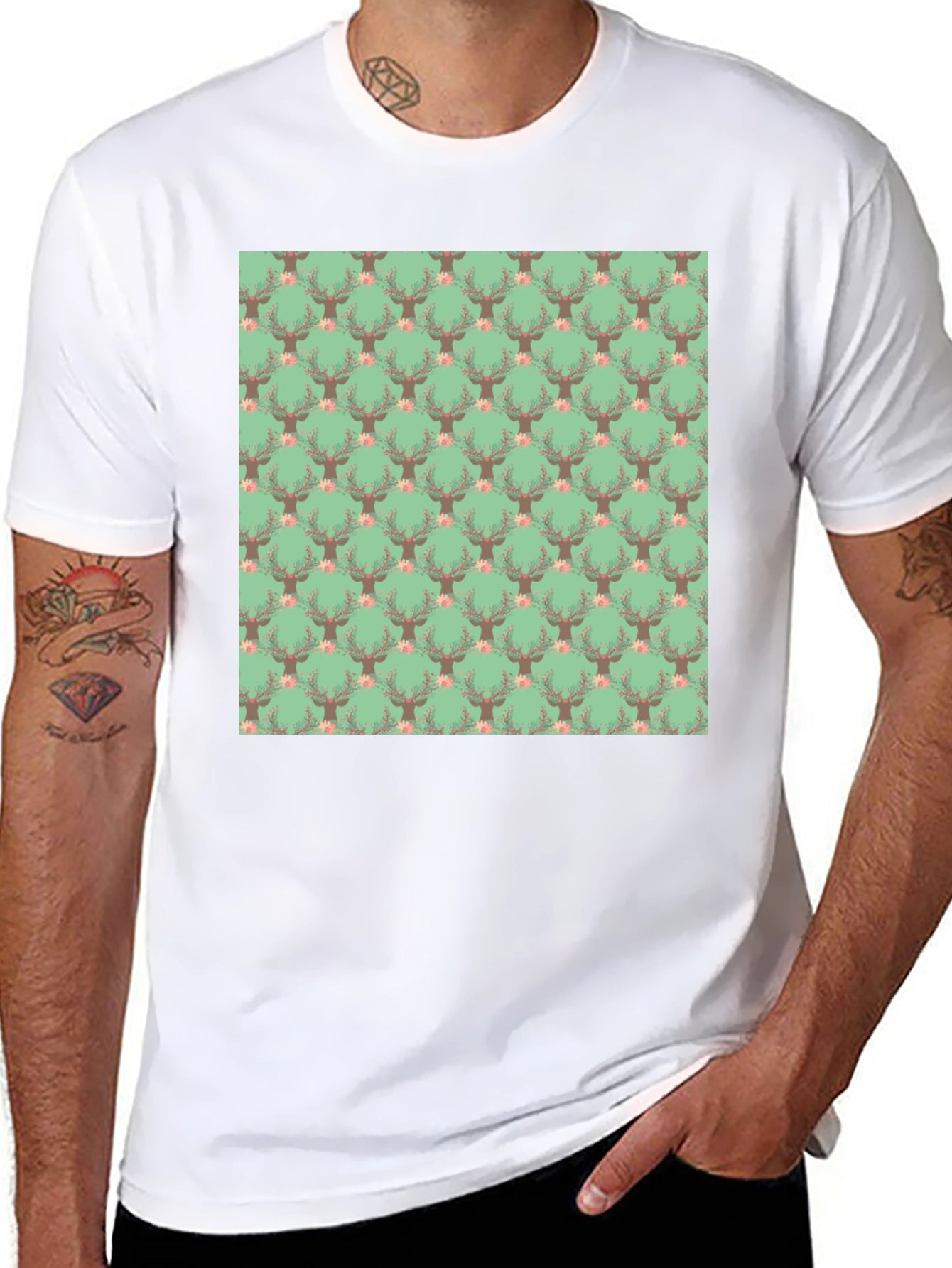 Deer Floral Pattern Black T-Shirt