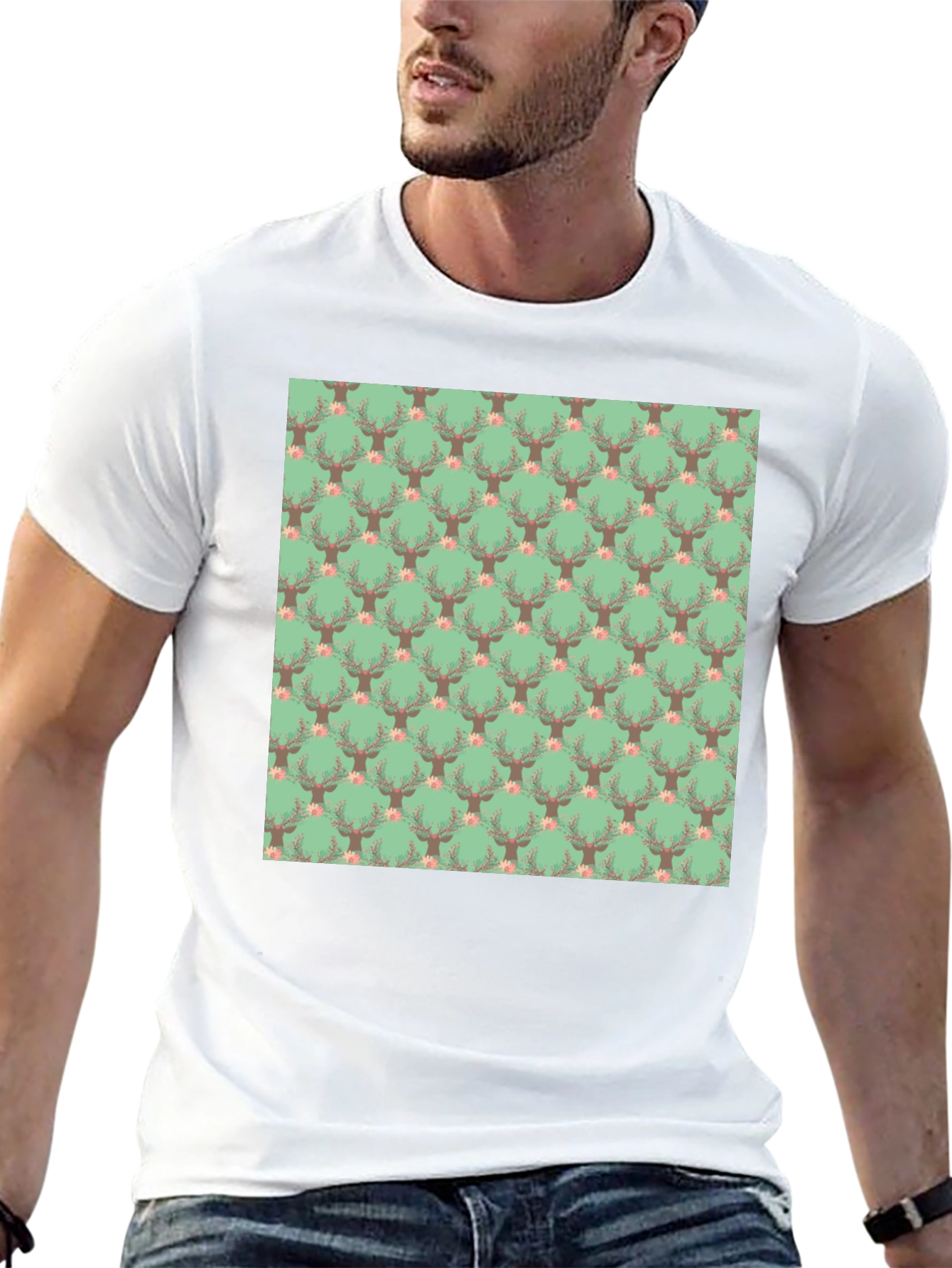 Deer Floral Pattern Black T-Shirt