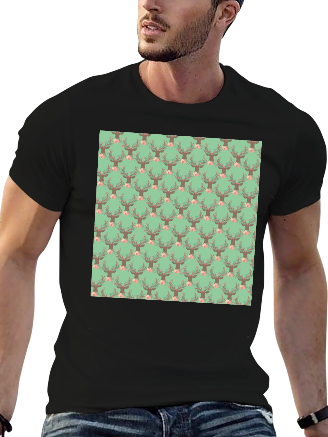 Deer Floral Pattern Black T-Shirt
