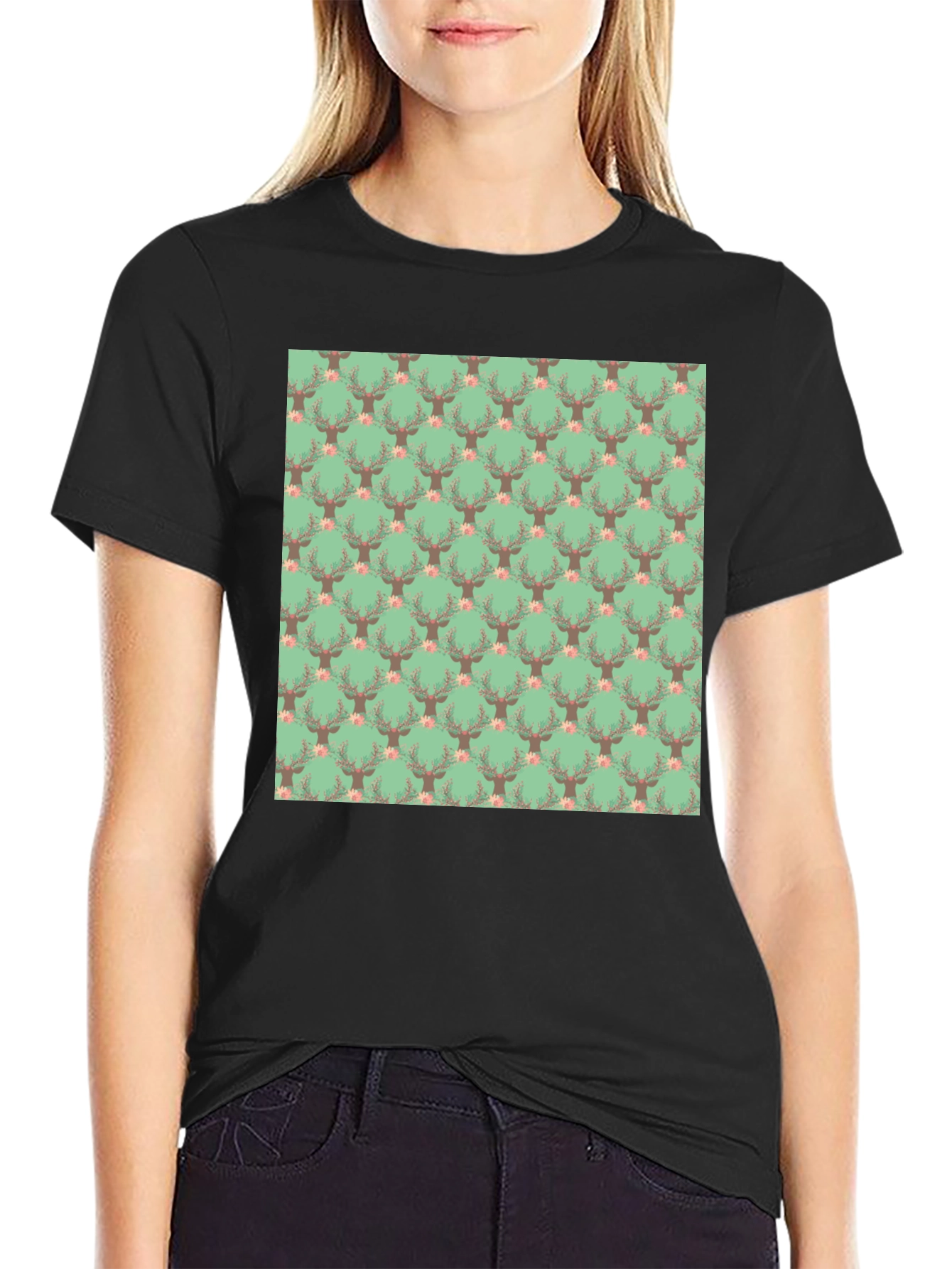 Deer Floral Pattern Black T-Shirt