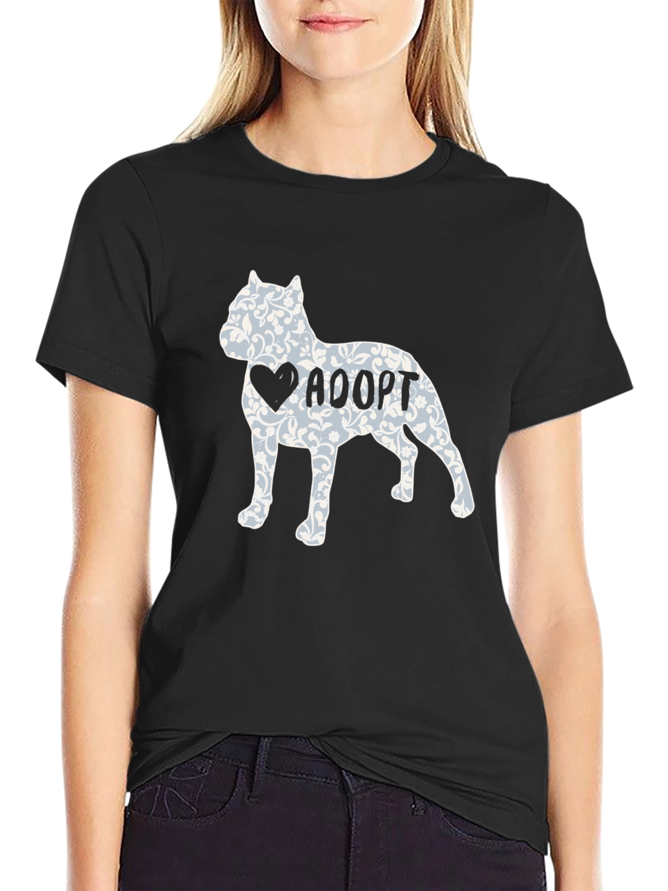 Adopt Dog Tee - Floral Heart Pitbull Design