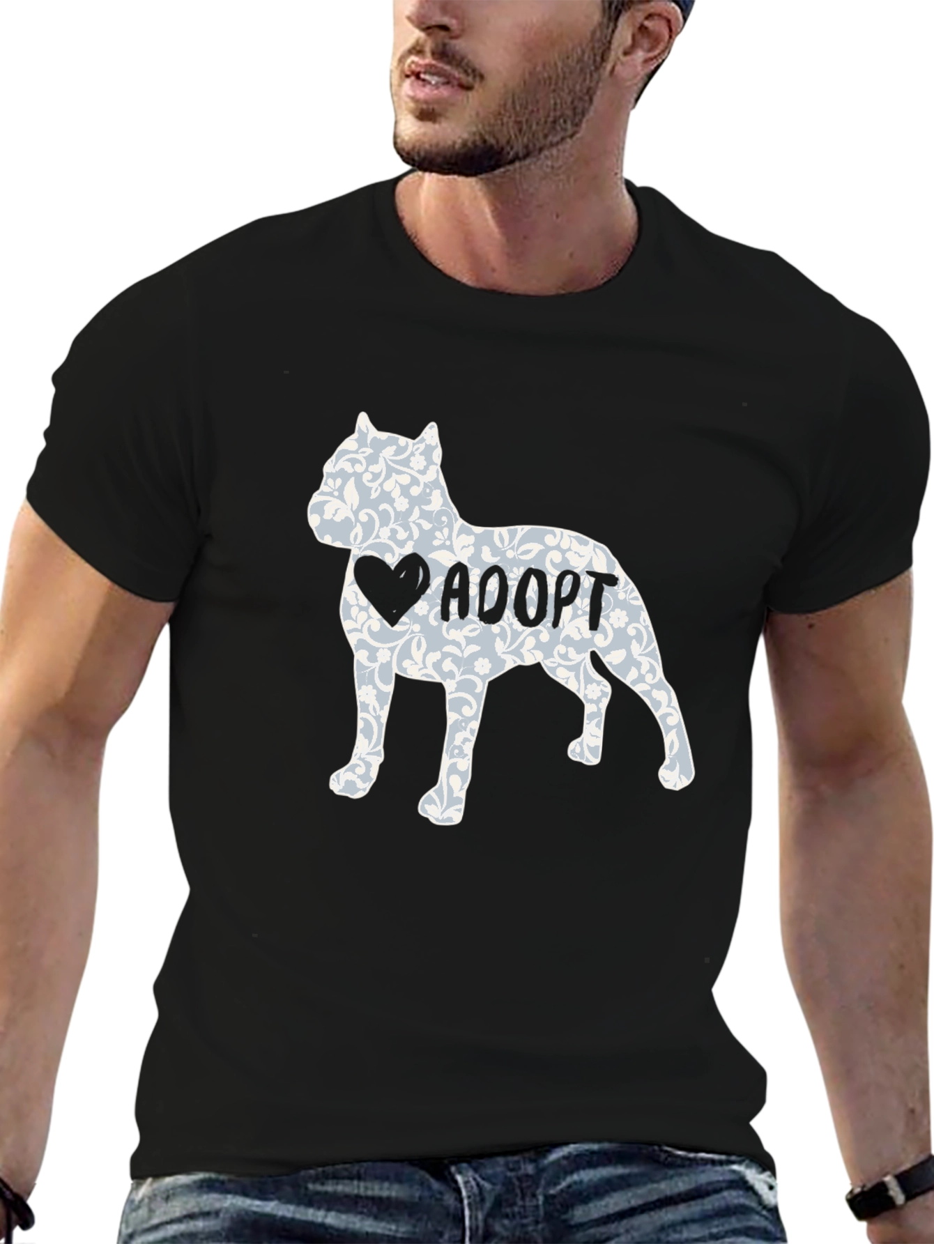 Adopt Dog Tee - Floral Heart Pitbull Design