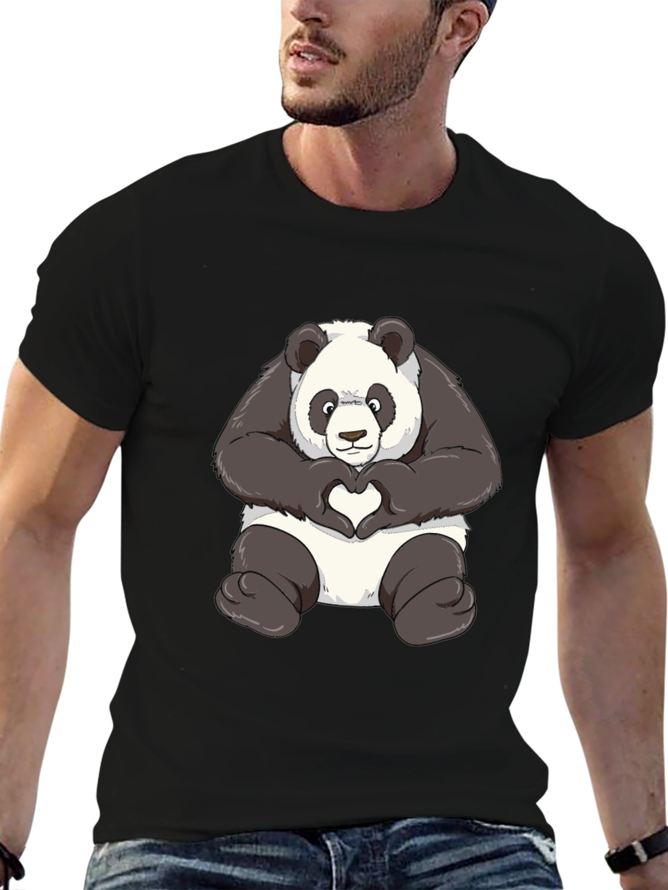 Panda Heart Hands Graphic T-Shirt - Black